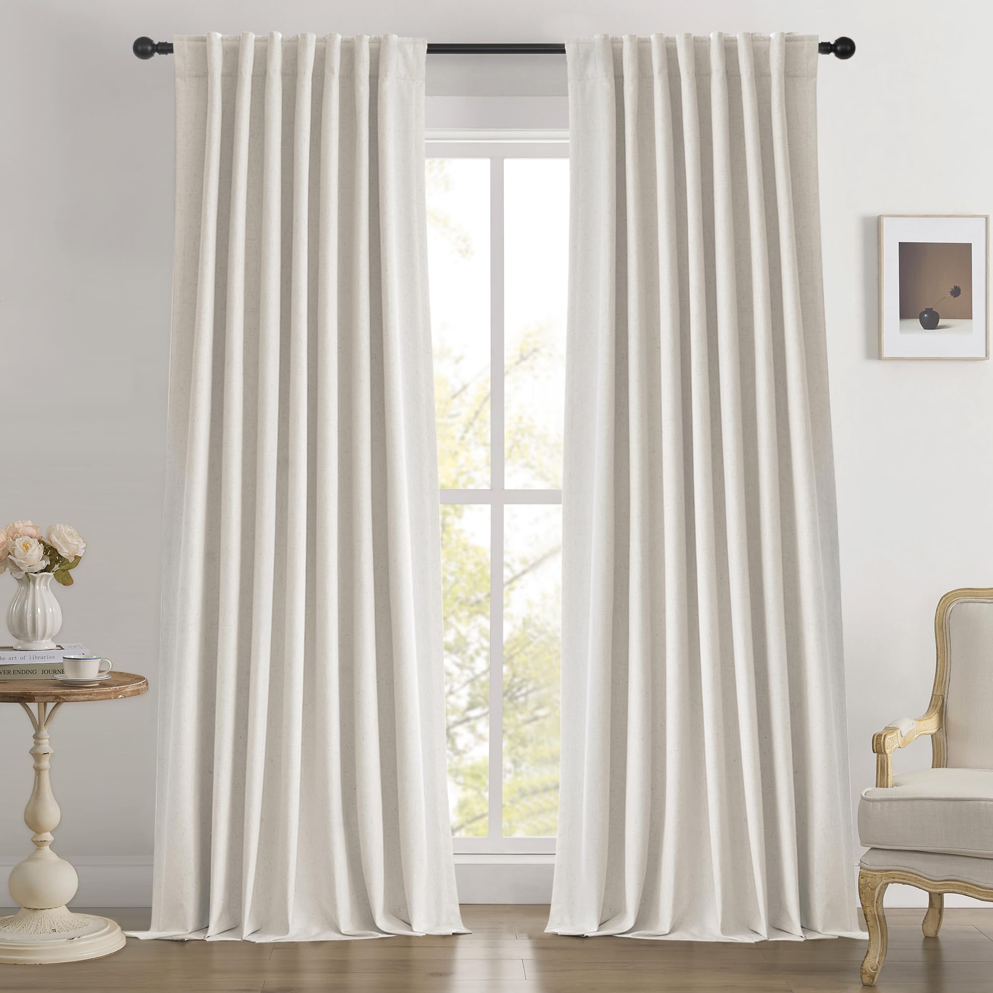 BSfullts Blackout Curtains 108 Inches Long, 100% Black Out Curtain Thermal Insulated Cream Natural Linen Darkening Viral Drapes 2 Panels Set Back Tab Windows Drape