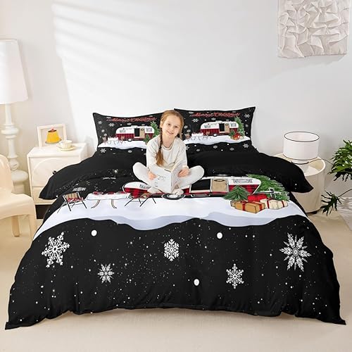 Vista 270 de Juego de funda de edredón rosa de Navidad para niñas, tamaño matrimonial, lindo juego de ropa de cama de dibujos animados de pingüino de Papá Noel