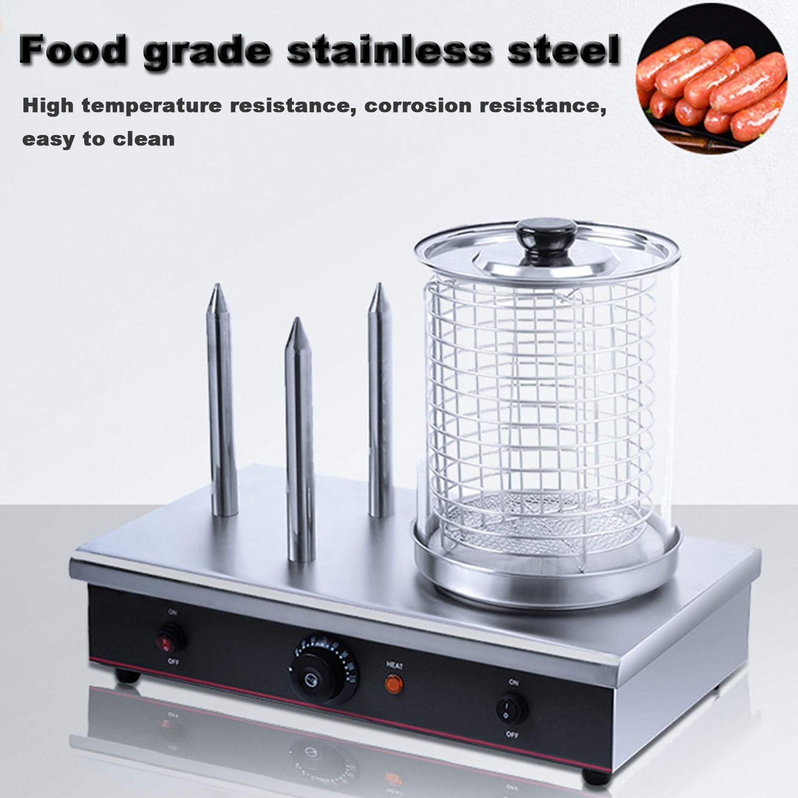 Fabricador de Hot Dogs 700W con 3 Varillas para Tostar, Vaporizador | Máquina de hot dogs de cocción uniforme con dial de temperatura independiente, el vaporizador mantiene