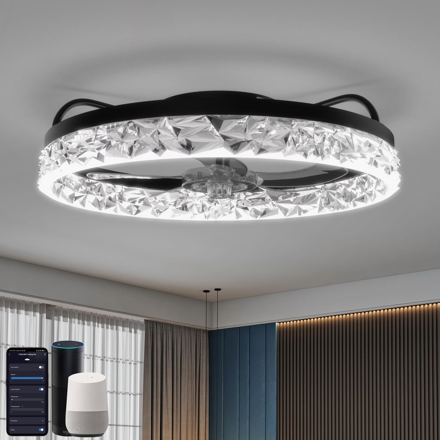 Smart WiFi Lampara Ventilador Techo, Compatible con Alexa, Google, Mando a distancia, Smart Life, Ventilador de Techo con Luz Moderno, Regulable, Reversible 5 Aspas, Negro