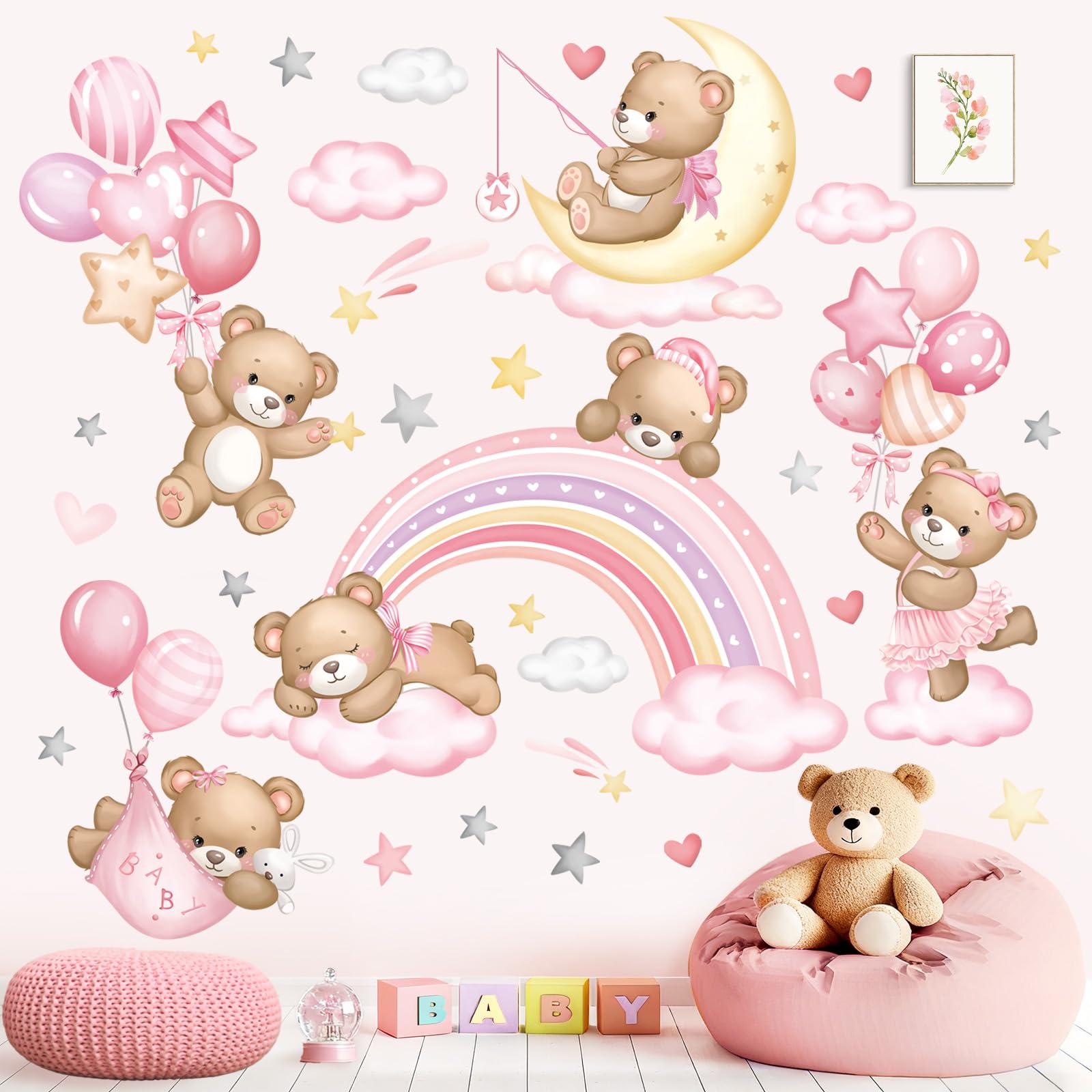 wondever Pink Rainbow Bear Wall Decals Balloons Animals Wall Stickers