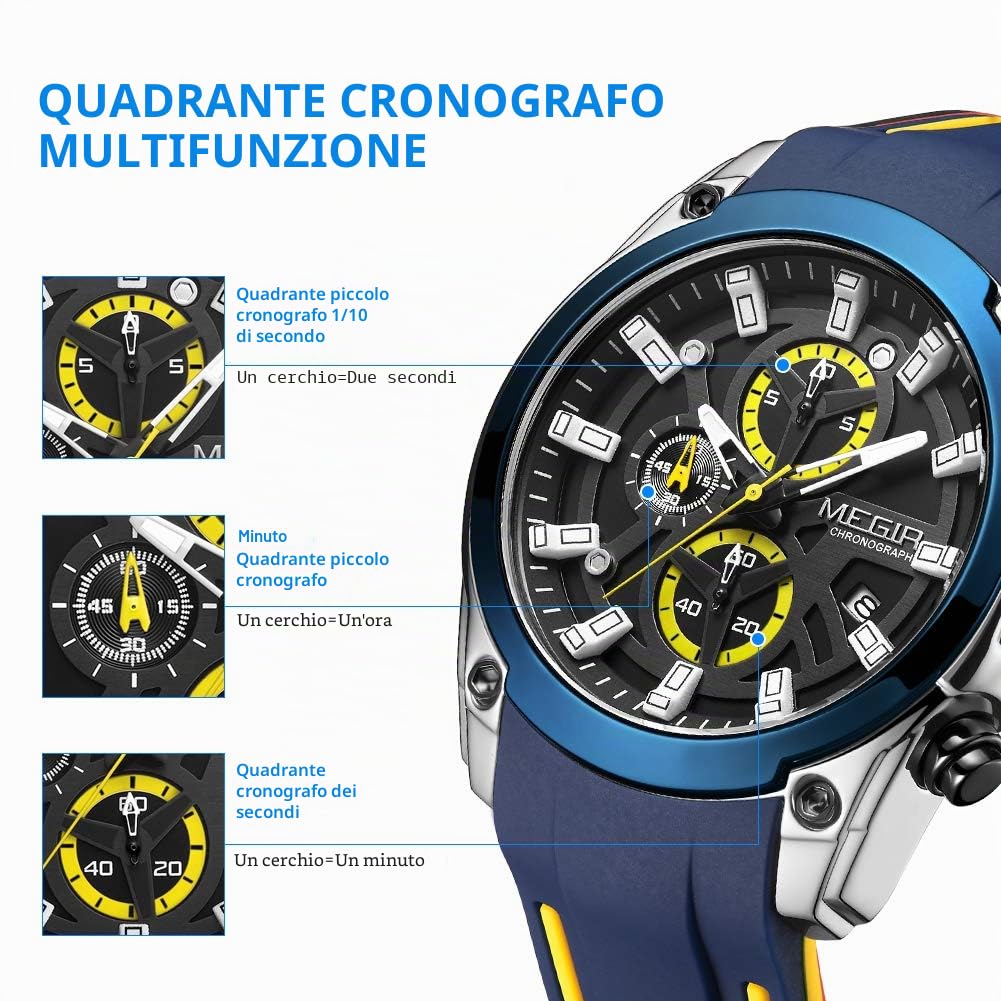 MEGIR Orologio da uomo, analogico, sportivo, al quarzo, con cronografo luminoso, cinturino in silicone