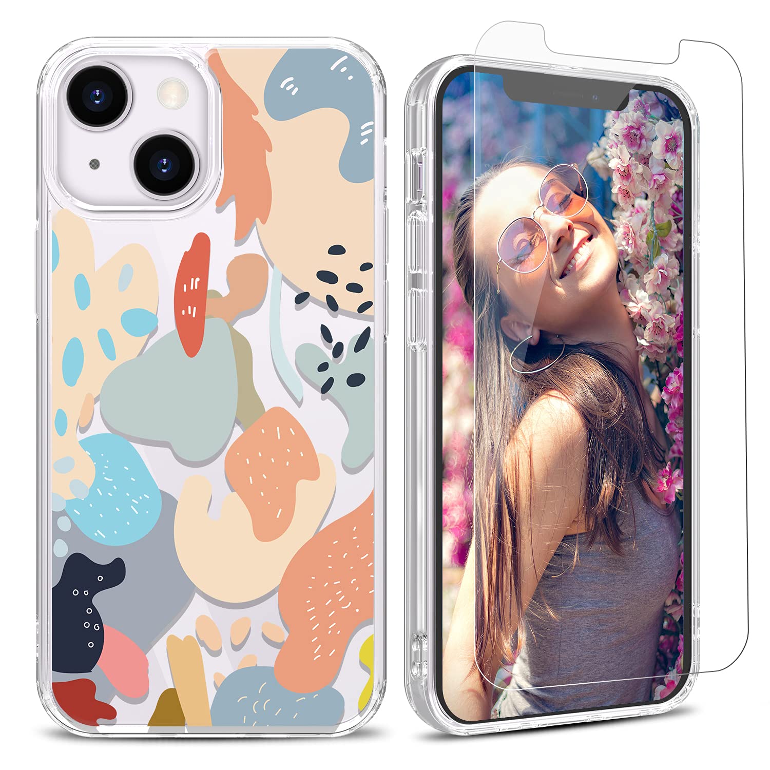 YAYOII Case for iPhone 13 Mini with Screen Protector, Clear Floral Patten Design for Women Girls Soft Flexible TPU Shockproof Protective Flower Bumper Cover Slim Fit Thin 5.4-inch 2021-Lusty Leaves