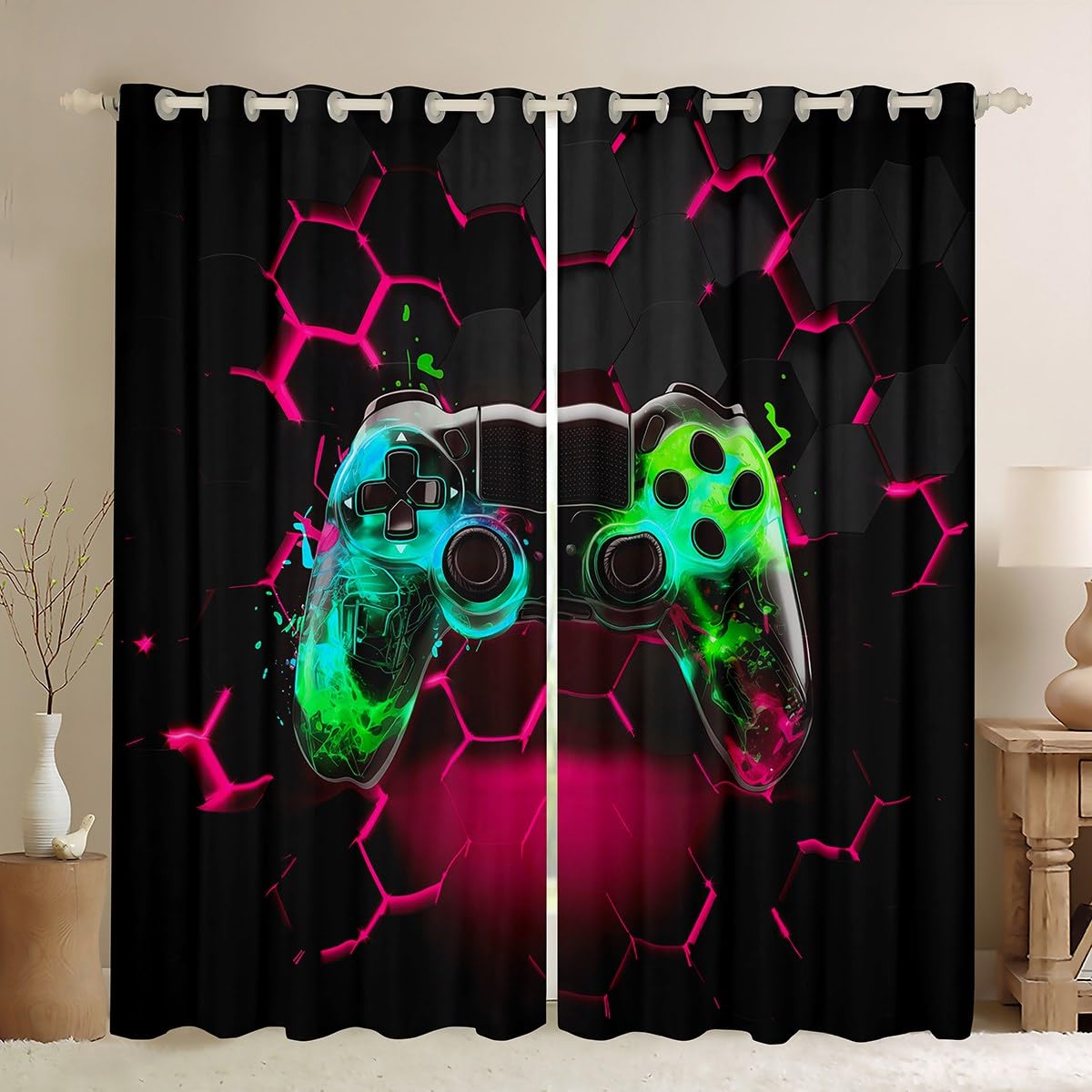 Manfei Video Games Blackout Curtain Red Honeycomb Gamepad Window Drapes for Kids Boys Children Room Decor, Teens Gaming Window Treatments Grommet Top 2 Panel Set Bedroom Curtains, 66Wx90L inch โ image 1