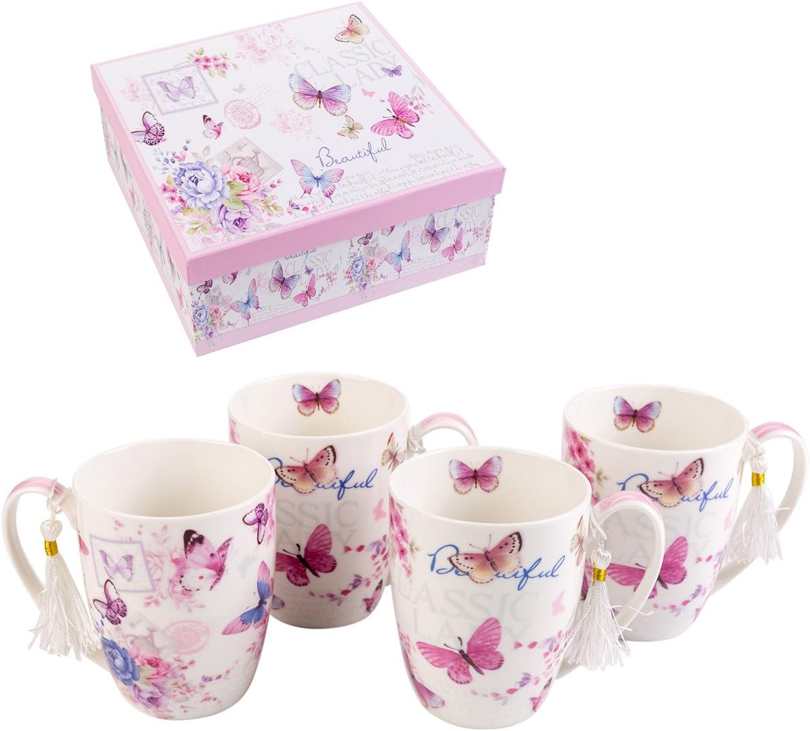 London Boutique Mug Set in Gift Box, Butterfly, Set of 4
