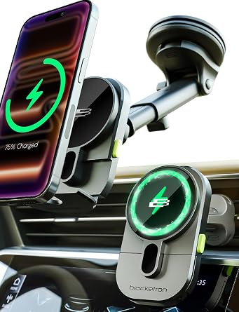 Bracketron MagAlign 15W MagSafe Car Charger Mount, Vent/Windshield/Dash | 15W MagSafe wireless charging phone holder with strong magnetic hold and flexible installation for vent, windshield and dash