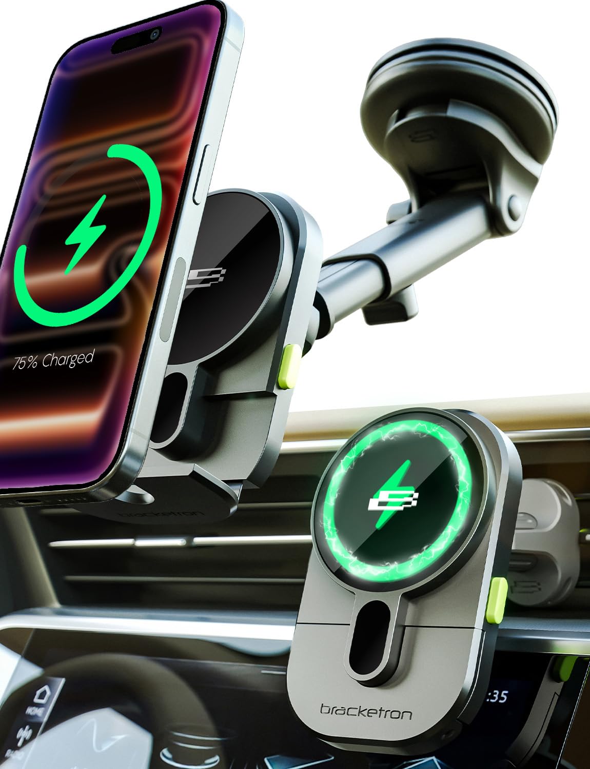 Bracketron MagAlign Extend 15W Magsafe Car Mount Charger Magnetic Car Phone Holder Charger Wireless Car Charger for iPhone