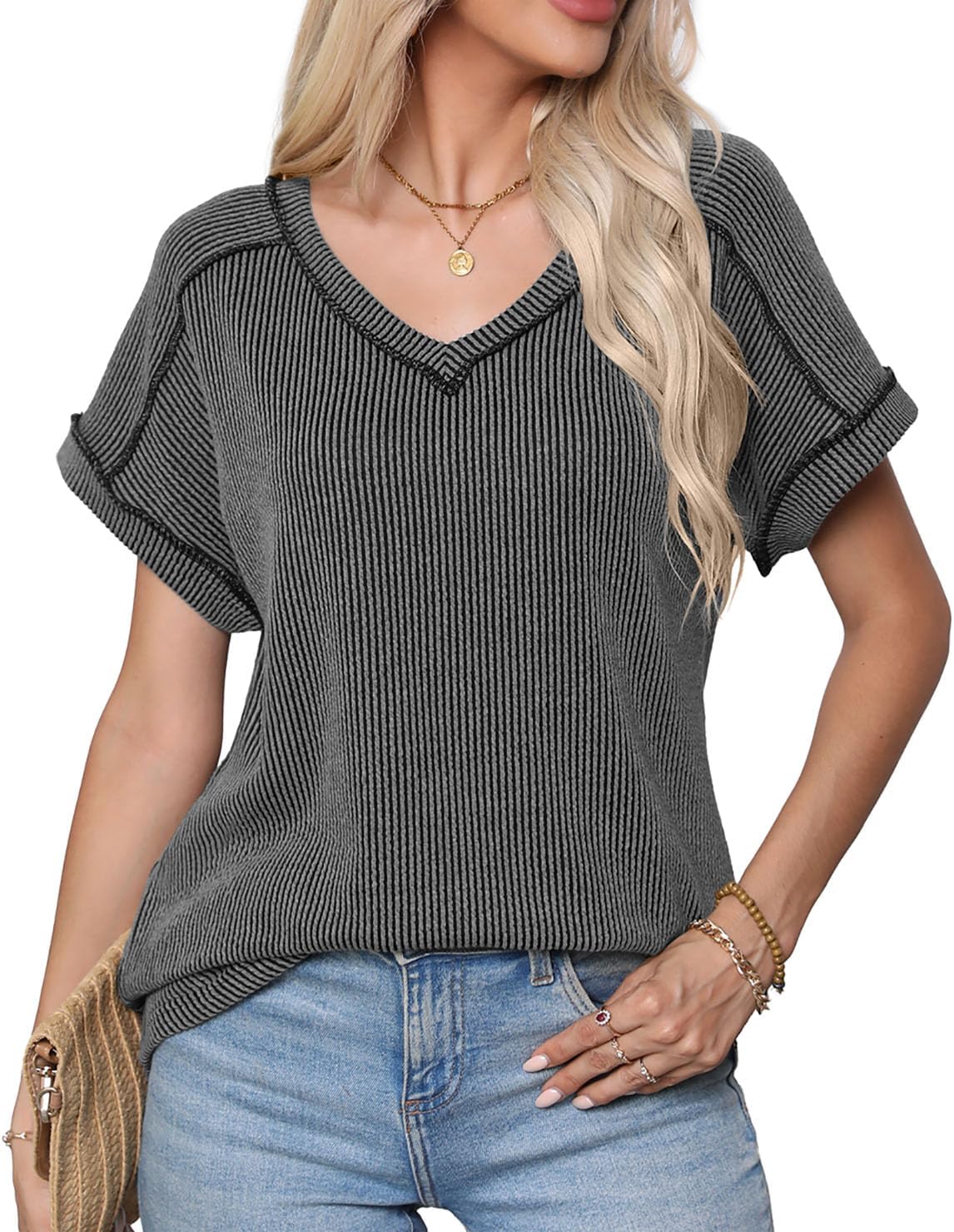 levaca Womens Summer Tops V Neck Cap Short Sleeve Ribbed Tshirts Business Casual Loose Fit Basic Tees Trendy Tunics Clothes - Image 4