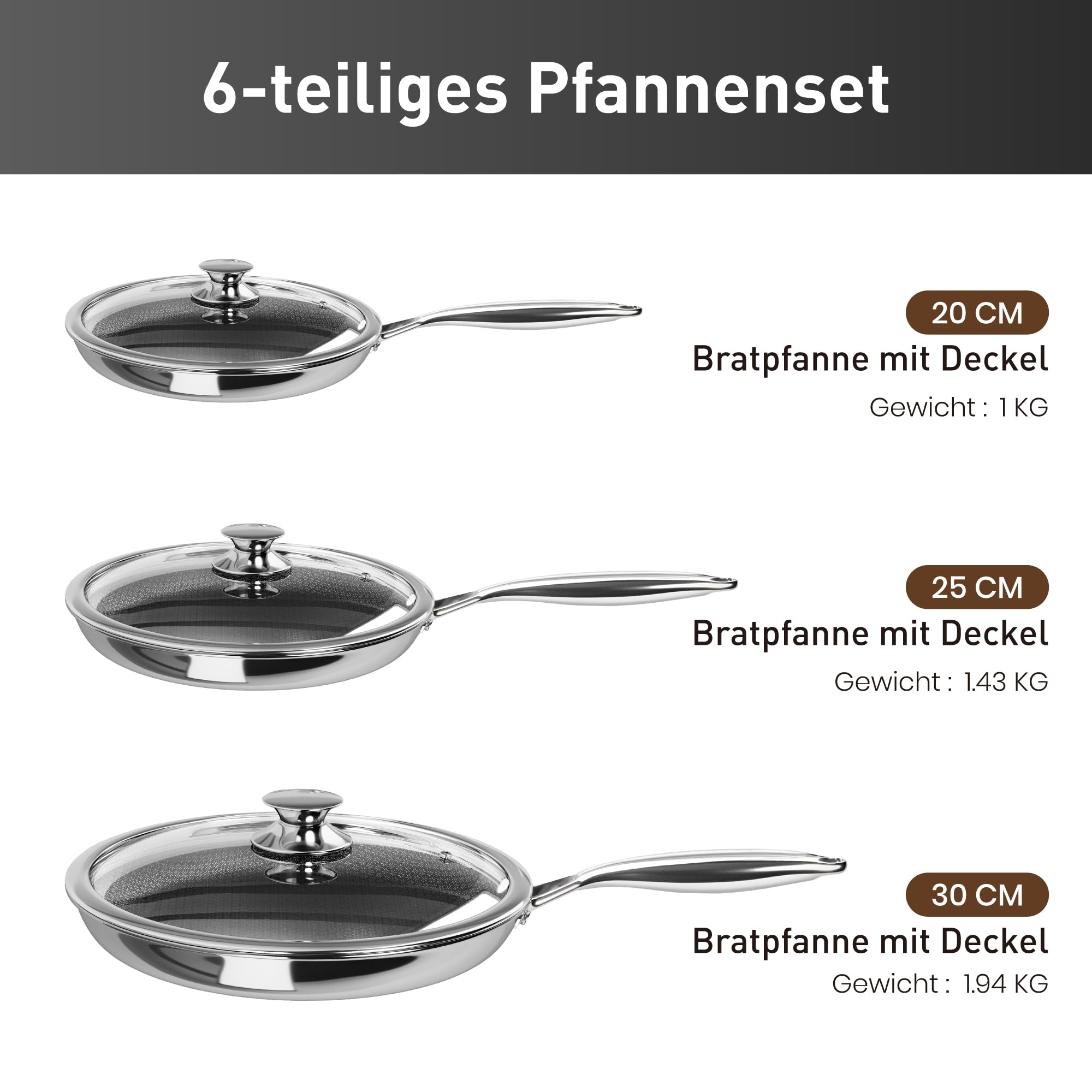 Kitchen Academy - Set di pentole antiaderenti con coperchio in vetro, a induzione, in acciaio inox, 6 pezzi, pentole e padelle da 20,26 e 30 cm, con rivestimento antiaderente con coperchio per tutti i - 2