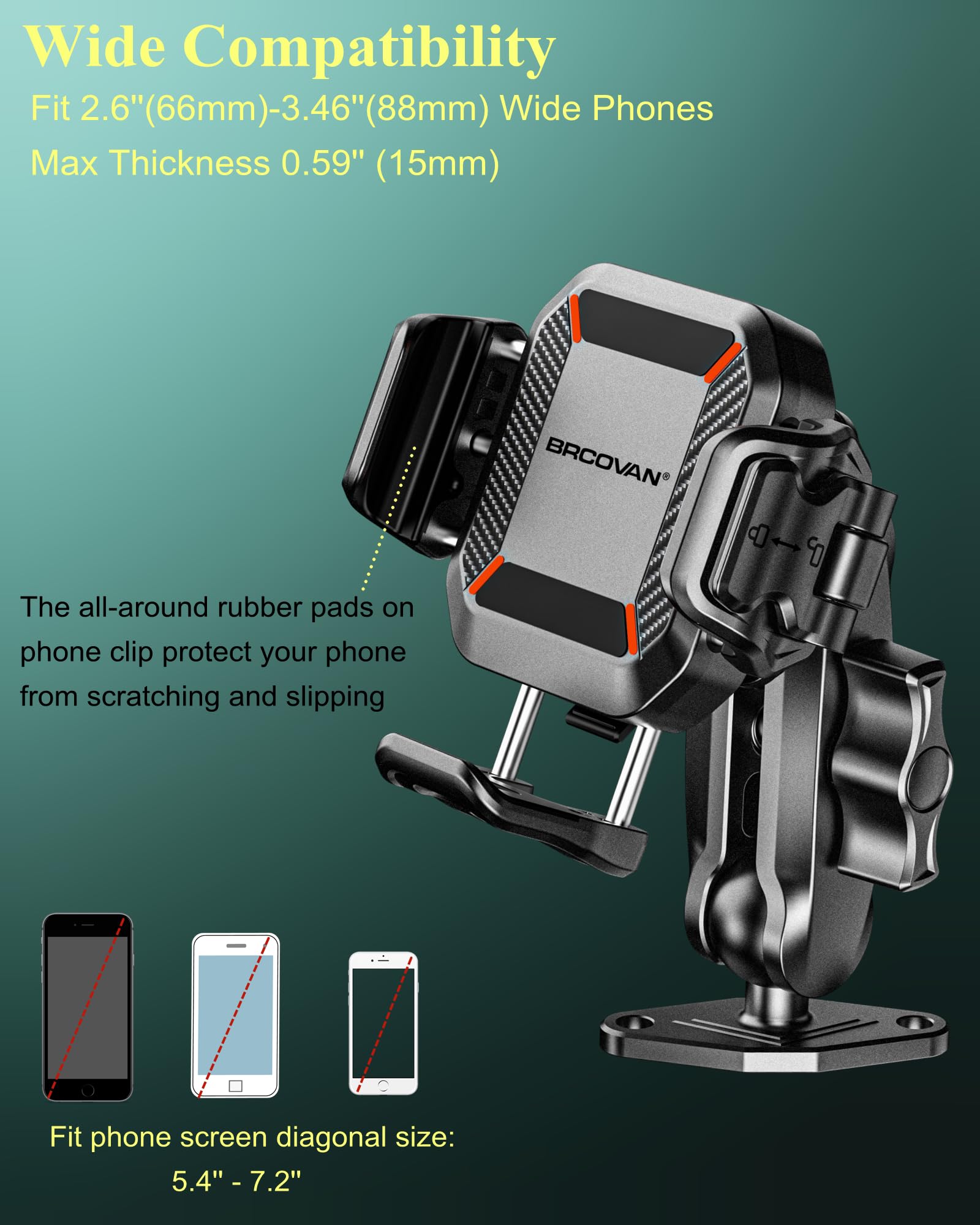 RCOVAN Handyhalterung mit Vibrationsdämpfer und 1-Sperrschalter | mit Diamant Aluminiumbasis und Arm, für Auto, Boot, Lkw, Motorrad und UTV, für Smartphones von 5,4 bis 7,2 Zoll