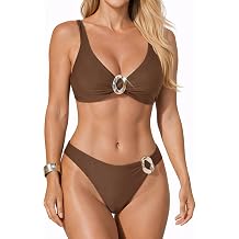 Leoparts Womens Bikini Sets V Neck High Cut 2 Piece Swimsuit Tie Back Cheeky Bathing Suit with Metal Ring