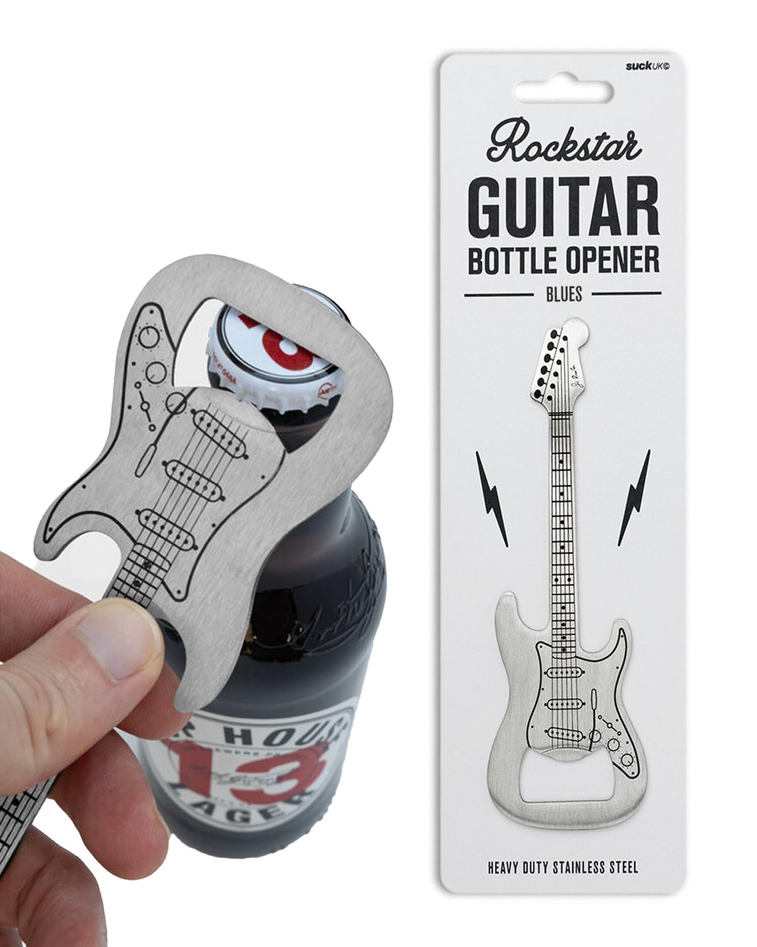 Suck UK Guitar Bottle Opener - Heavy Duty Stainless Steel Flat Bar Blade | Beer Cap Remover | Pub & Home Bar Accessory | Pocket Size Kitchen Gadgets | Novelty Gift for Men & Music Lovers | Blues