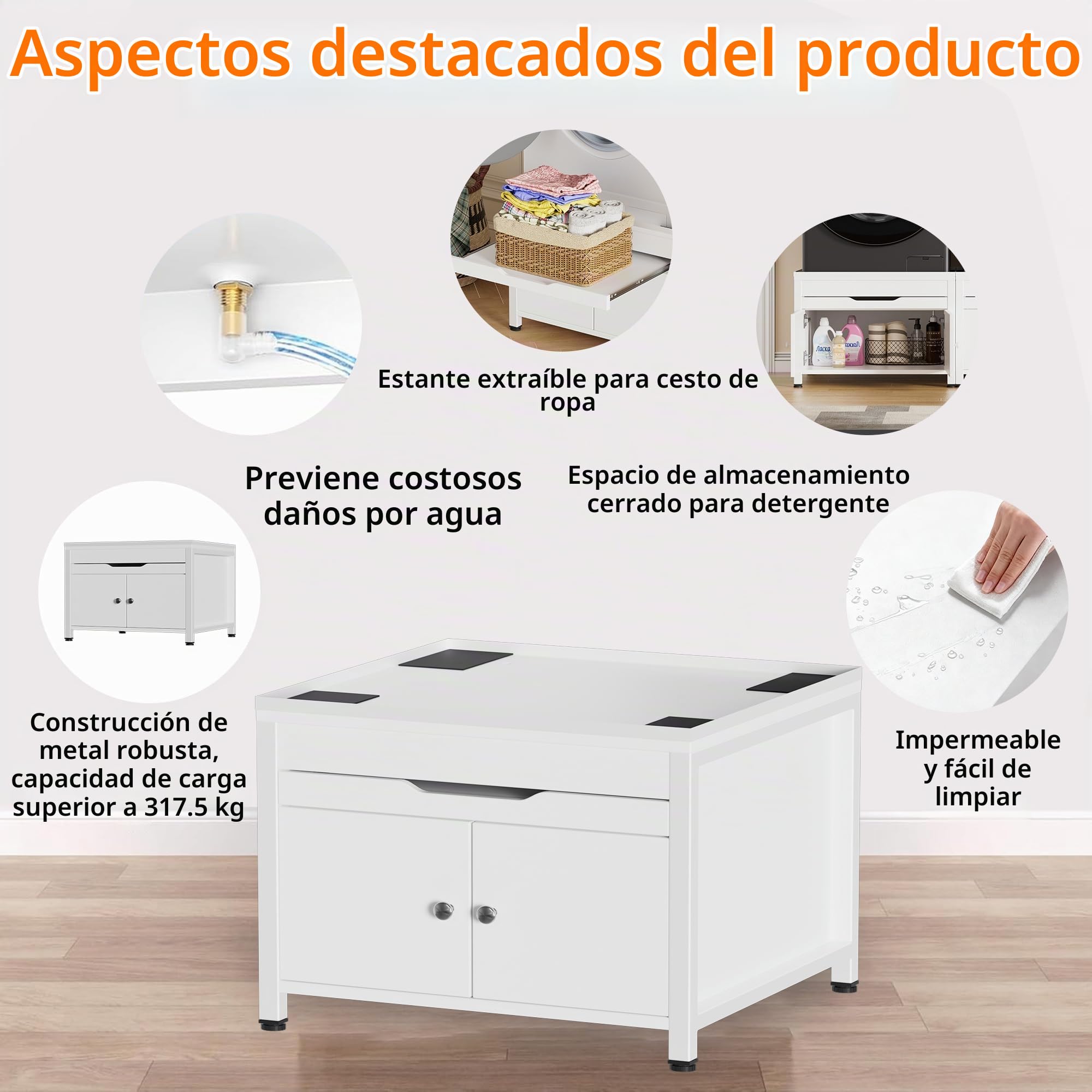 Pedestal para Lavadora y Secadora,Pedestal Antivibración con Estante para Cesta de Lavandería, Bandeja de Drenaje Integrada y Manguera,Hecho de MDF y Metal,Capacidad de 700lb,63 * 54 * 50cm