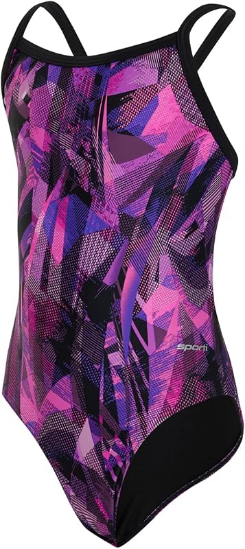 Traje de baño deportivo de una sola pieza con correa fina para niña Sporti, traje estampado abstracto | Lycra Xtra Life, sin copas incorporadas, UPF 50+, espalda en V, cobertura moderada, completamente forrado, costuras planas, entrenamiento y competición