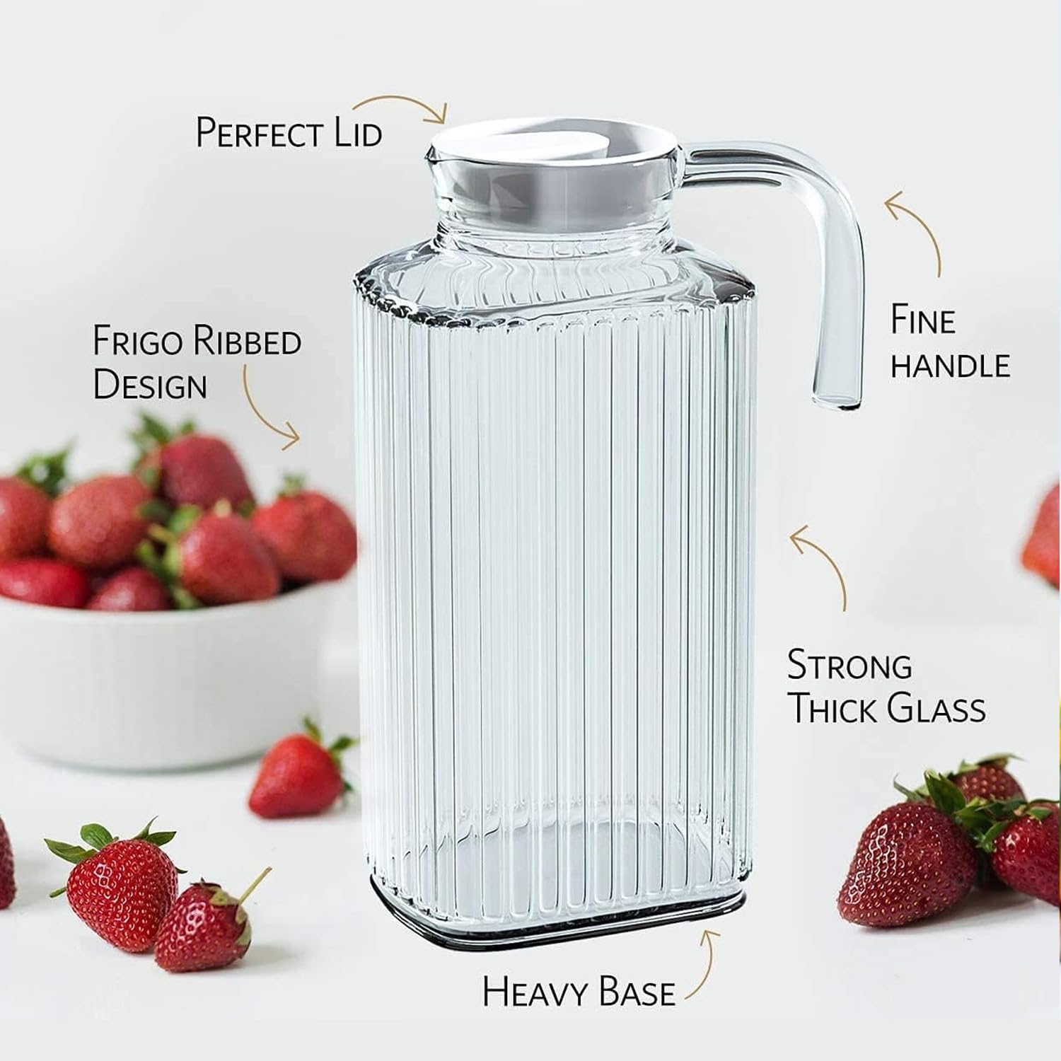 MGE - Jarra Cristal con Tapa - Botella Agua Nevera - Botella de Agua de Cristal para Jugo Caliente/Frío, Té, Leche y Café - Jarra Agua, Té, Zumo de Frutas, Limonada - Botella Vidrio 1,8 Litros
