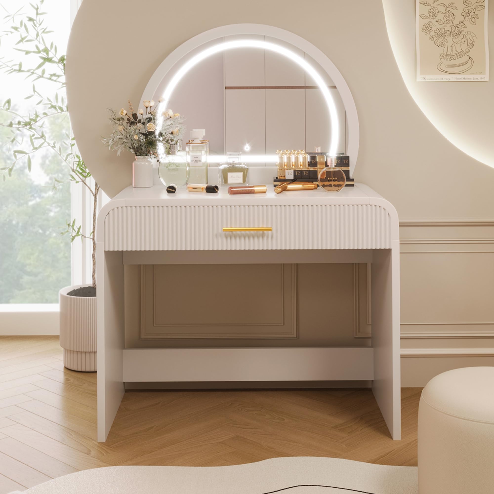 Amazon.com: LUMISOL 39" Modern Vanity Table, Wood Dressing Table with Touch  Screen Lighted Makeup Mirror and Storage Drawers, Multi Functional Vanity  Desk with Curved Edges Design for Bedroom, White : Home &