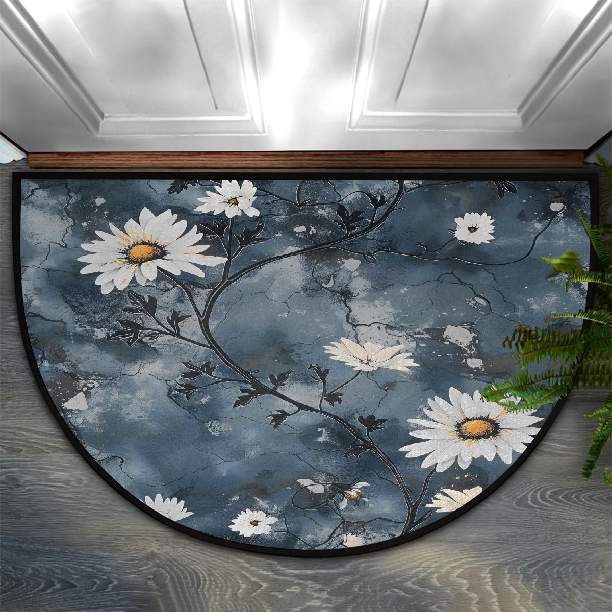 Half Round Door Mat Abstract Beautiful White Flower Half Moon Rug Washable Half Circle Area Rugs Indoor Entrance Non Slip Semi Circle Bathroom Rugs Floor Carpet for Kithen Bedroom Fireplace Decor