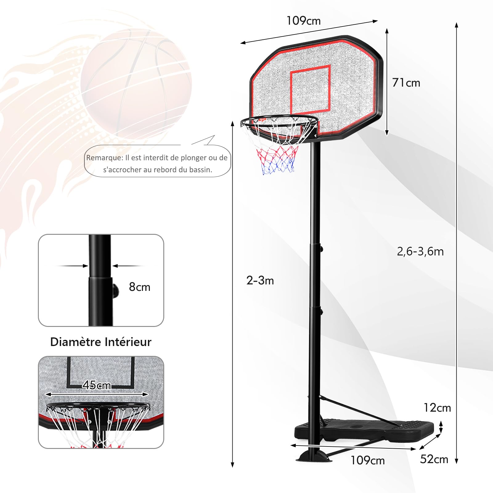 GYMAX Panier Basket Exterieur pour Enfants Adultes, Hauteur Réglable 220-305cm, Mobile avec Roues, Base Remplissage d'eau ou Sable, Structure Stable Triangulaire