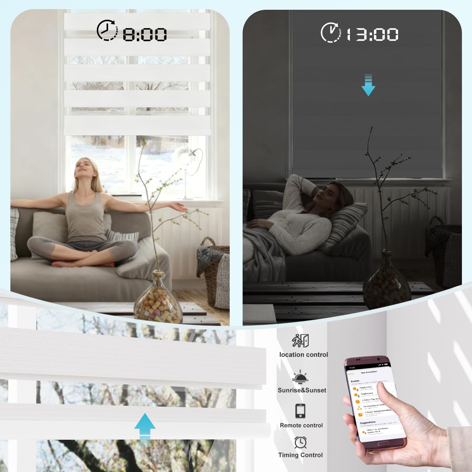 Motorized Zebra Blinds with Remote, Work with HomeKit Alexa, Smart Light Filtering Horizontal Automatic Electric Window Shades for Home Office Customsize (100% Blackout Pure White)