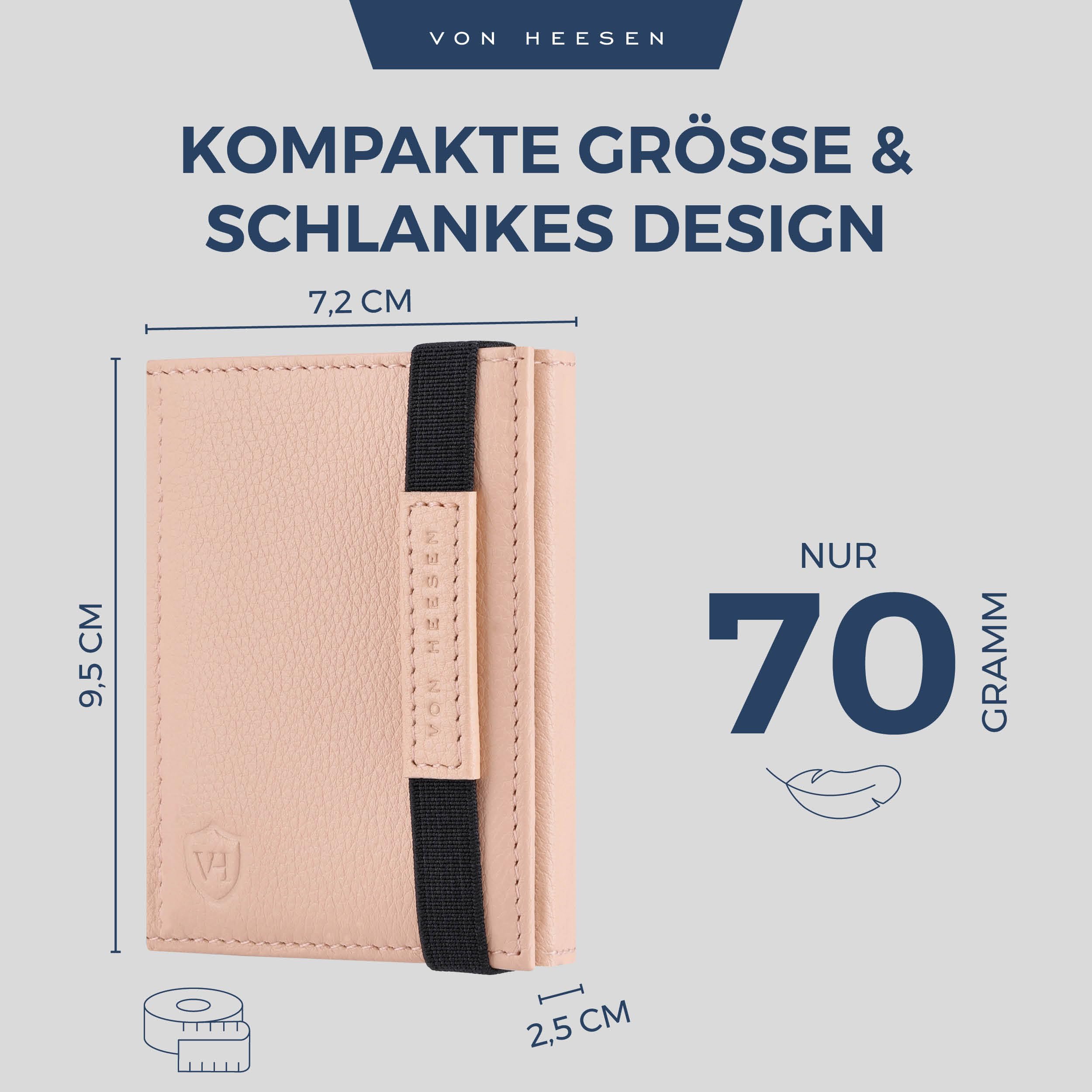VON HEESEN Slim Wallet mit XL Münzfach & RFID-Schutz - Mini Geldbörse Herren & Damen - Kartenetui Kreditkartenetui - Portmonee Geldbeutel Portemonnaie klein Rose