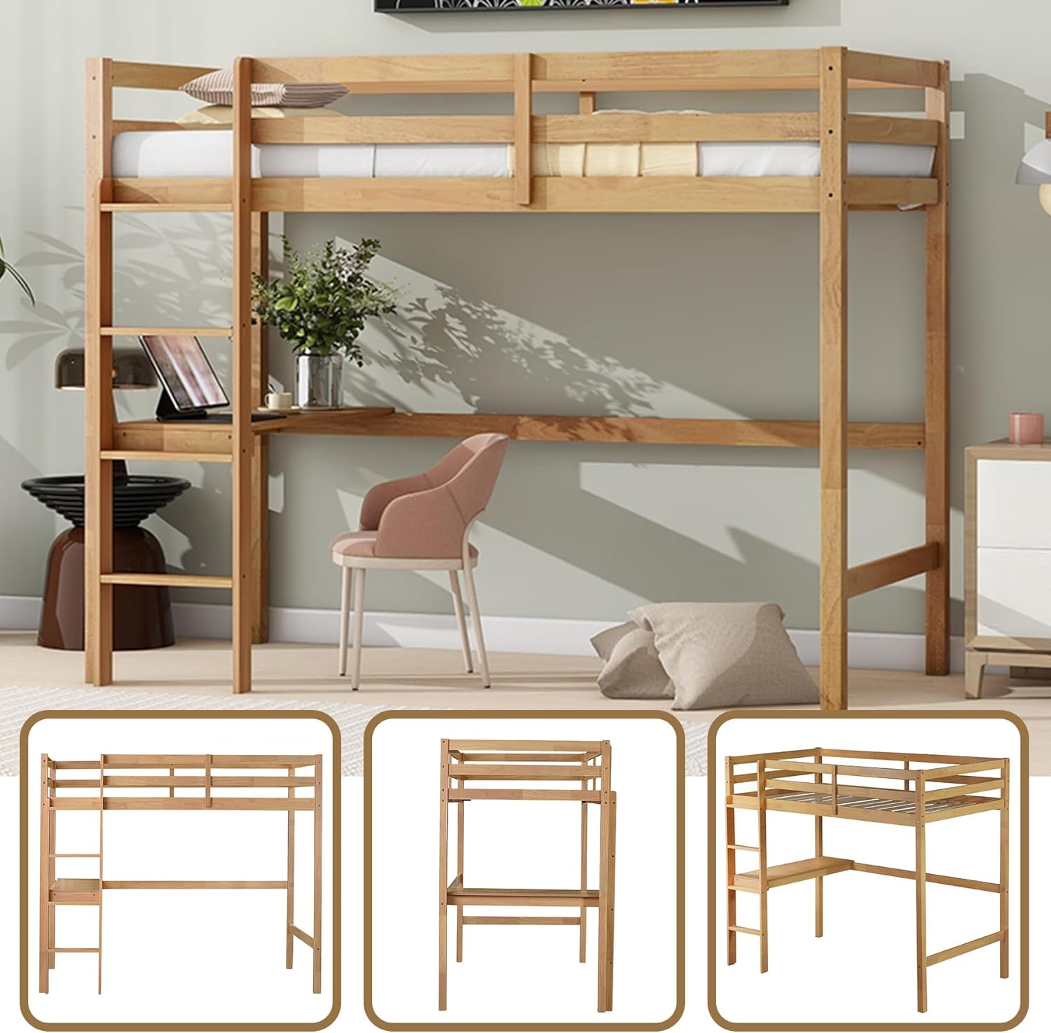 Wood Loft Bed Twin Size with Desk,Kids Loft Bed with Stairs and Rails for Toddlers Kids Teens Boys Girls,Solid Wood Salts Support,Noise-Free,Easy Assemble (Oak, Twin)