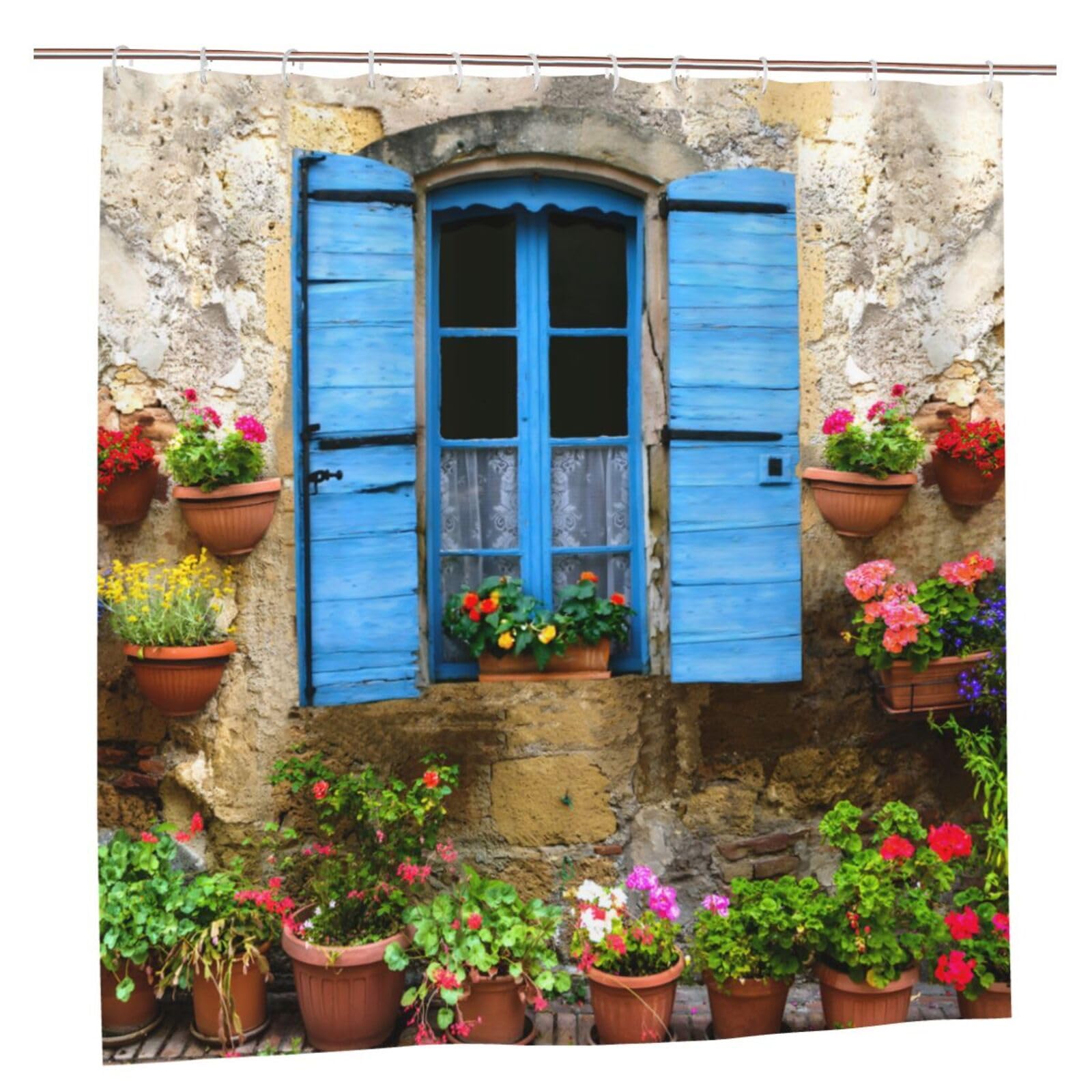 Newhomestyle Garden Blue Window Flowers Shower Curtain, 3D Waterproof European Outdoor Garden Decoration, Quick-Drying Polyester Fabric Bathroom Curtain with 12 Hooks, 180X180cm/ 71X71 in