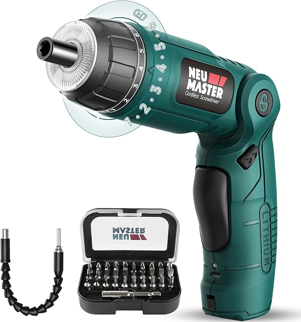 Cordless Screwdriver Set, NEU MASTER 4V Electric Screwdriver Rechargeable Power Screwdriver with Pivoting Handle, 6+1 Torque Setting,USB Cable, LED and Flashlight,32pcs Bits Accessories for Home DIY