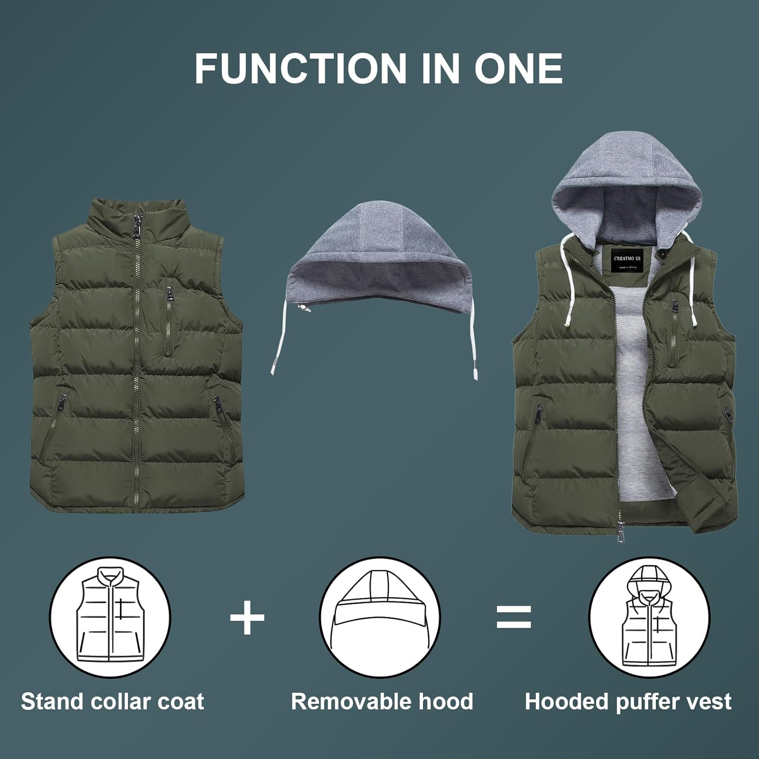 CREATMO US Men's Outdoor Winter Vest Outerwear Removable Hooded Padded Puffer Sleeveless Vest - Image 4