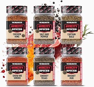 SunCity BBQ Rubs Geschenkset – 6x 250g Gewürzmischung für Pulled Pork, Ribs, Brisket & Chicken – BBQ Rub Set mit Paprikapulver & Gewürzen – Grillgewürz (6 x 250g, BBQ Box)