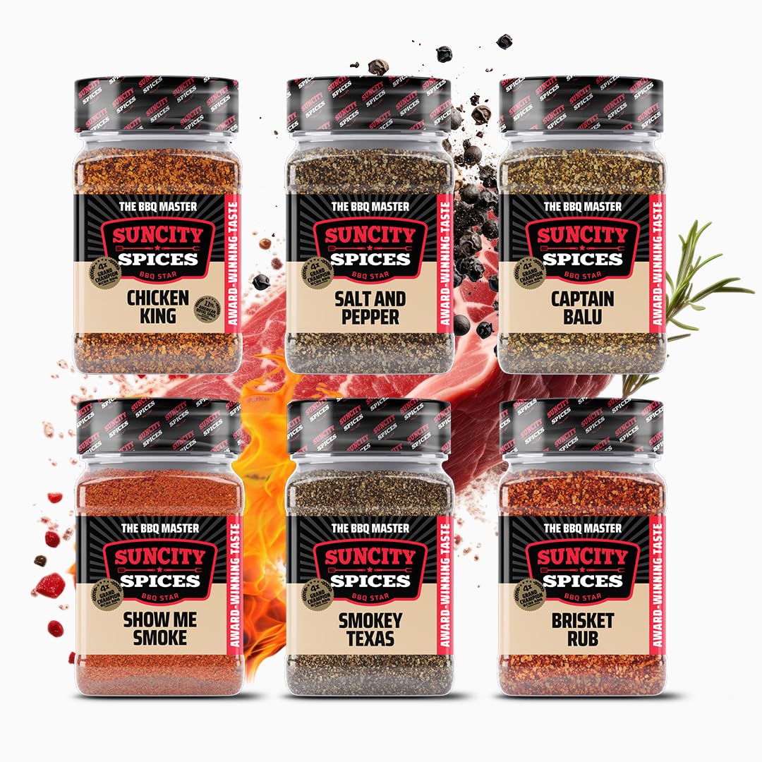 SunCity BBQ Rubs Geschenkset – 6x 250g Gewürzmischung für Pulled Pork, Ribs, Brisket & Chicken – BBQ Rub Set mit Paprikapulver & Gewürzen – Grillgewürz (6 x 250g, BBQ Box)