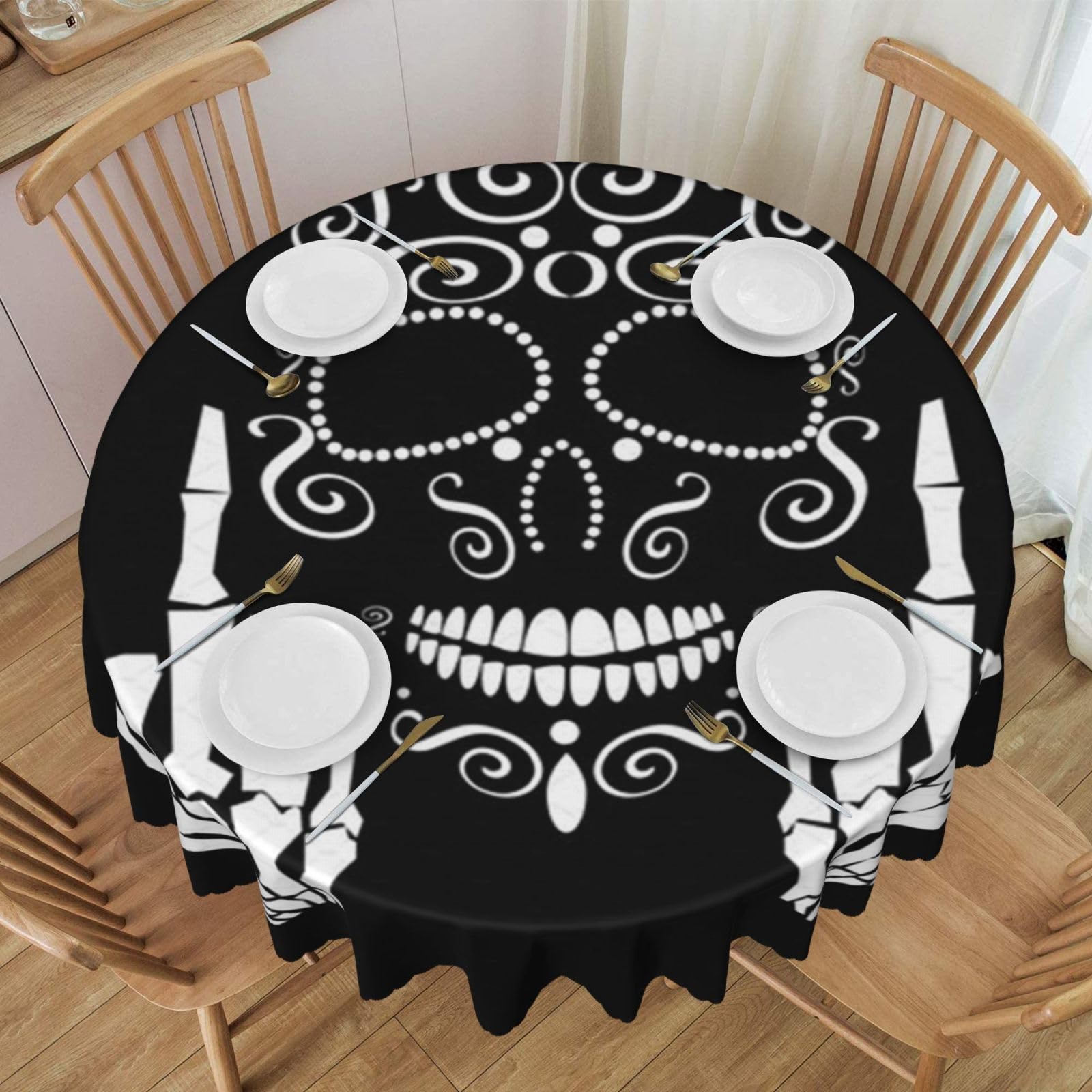 DCEHGEW 60 In Round Tablecloth with Lace, Funny Skull Printed Oilproof & Washable Fabric Picnic Table Cloth Table Covers