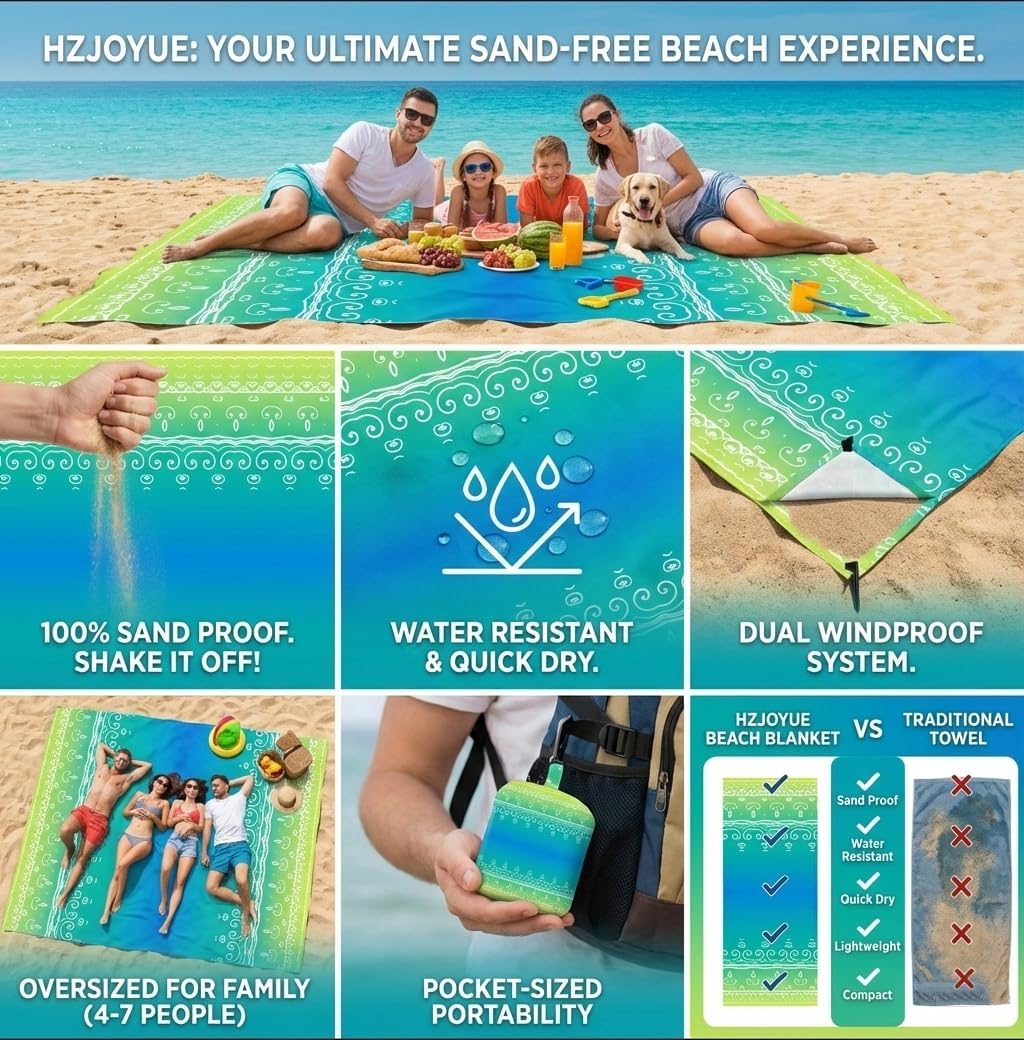 Oversized Beach Blanket (79" x 79") - Sandproof & Waterproof Outdoor Picnic Mat for 4-7 Adults - Lightweight, Foldable & Portable Ground Cover for Travel, Camping, Festivals