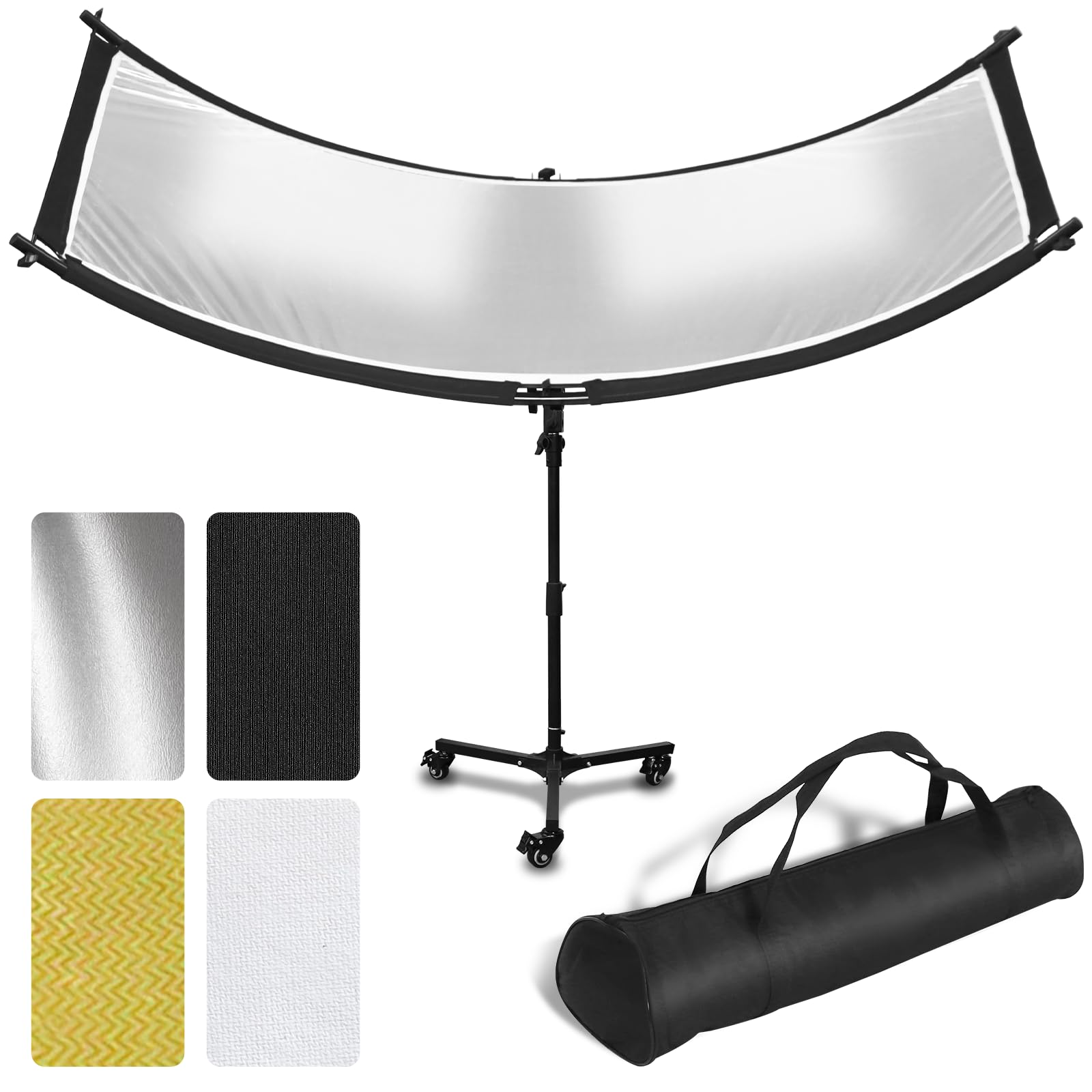 Clamshell Light Reflector Diffuser with Rolling Stand and Carrying Bag, 70"x24"/180x60cm Photography Curved Lighting Reflector for Photo Studio Photography with White/Gold/Silver/Black Colors