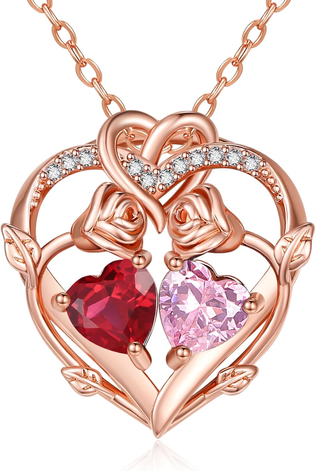 Rose Gold Necklaces for Women Double Birthstone Rose Flower Heart Pendant Necklace ...
