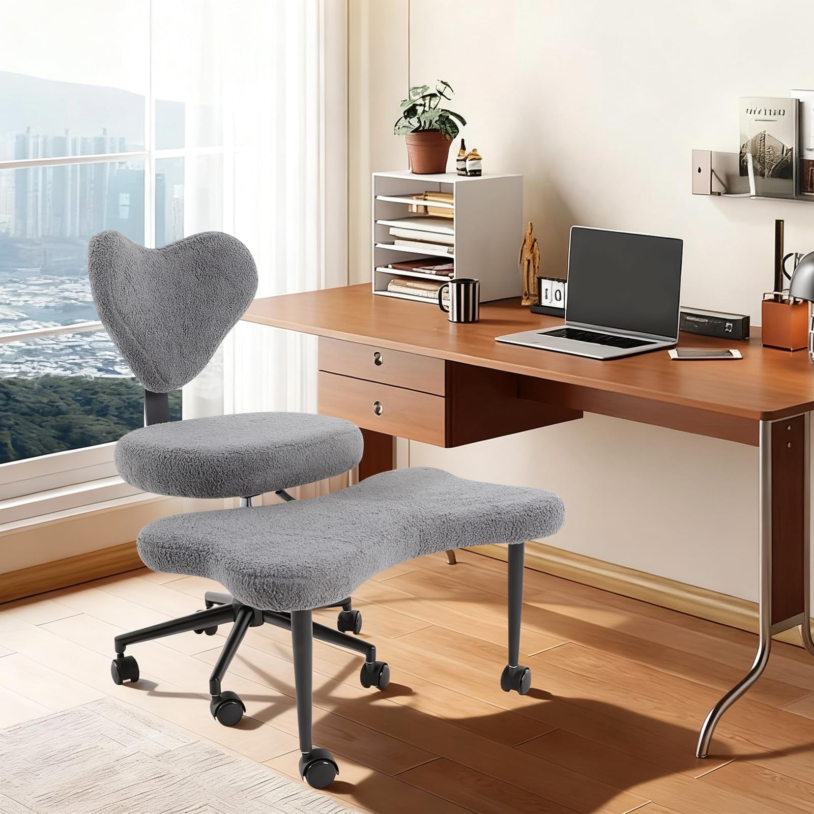 Chaise de méditation pivotante à 360° avec pieds croisés, chaise de bureau multifonctionnelle, avec roues, siège de couture, chaise croisée réglable, charge maximale 150 kg (gris foncé)