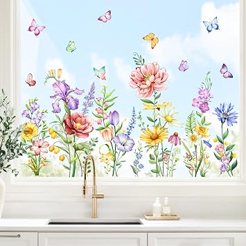 Supzone Flower Window Clings Spring Summer Floral Butterfly Window Stickers