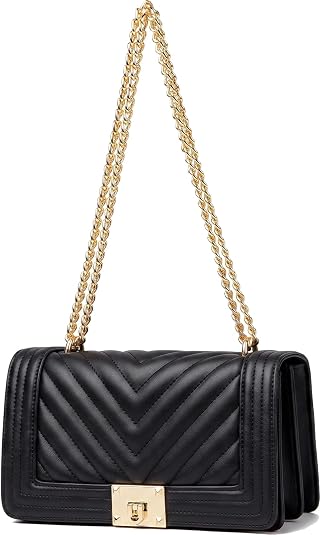 MYHOZEE Crossbody Quilted Vegan Leather Shoulder Clutch with Chain Strap