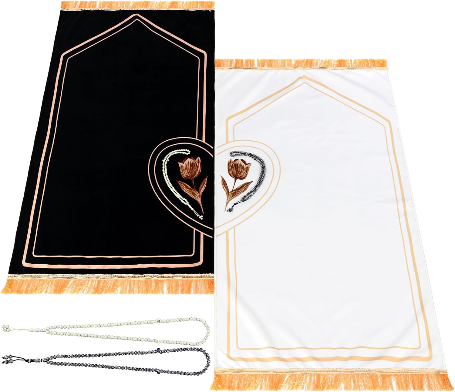 Tegeme 2 Pcs Muslim Couple Prayer Rug Set with 2 Pcs Delicate Prayer Beads Heart Rose Design Black White Soft Velvet Muslim Mat for Women Men Ramadan Eid Wedding Birthday Gifts
