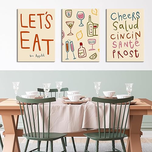 Miniatura 5 de GALWUJG Juego de 3 impresiones artísticas de pared para cocina, arte de pared con texto en inglés "Cheers" de colores, arte de pared estético de