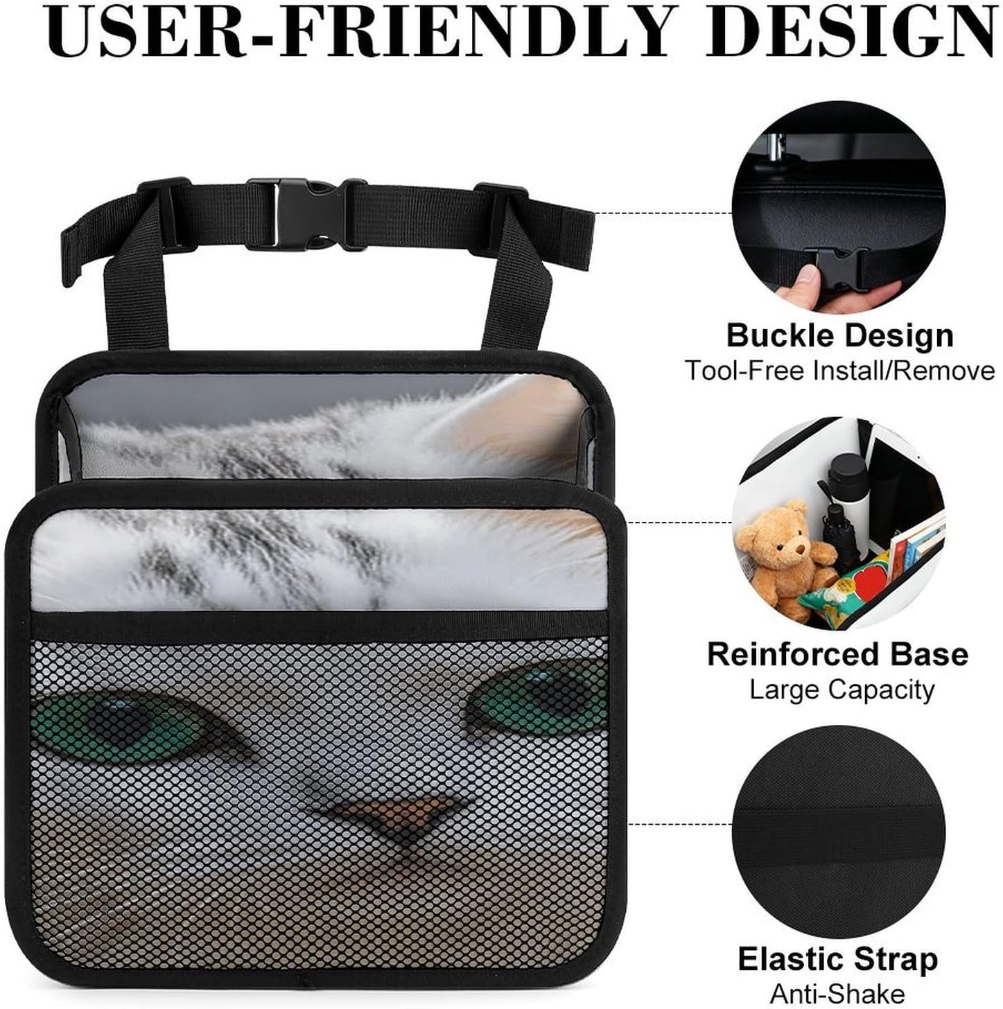 Cute White Cat Car Seat Organizer with Storage Pockets image 4