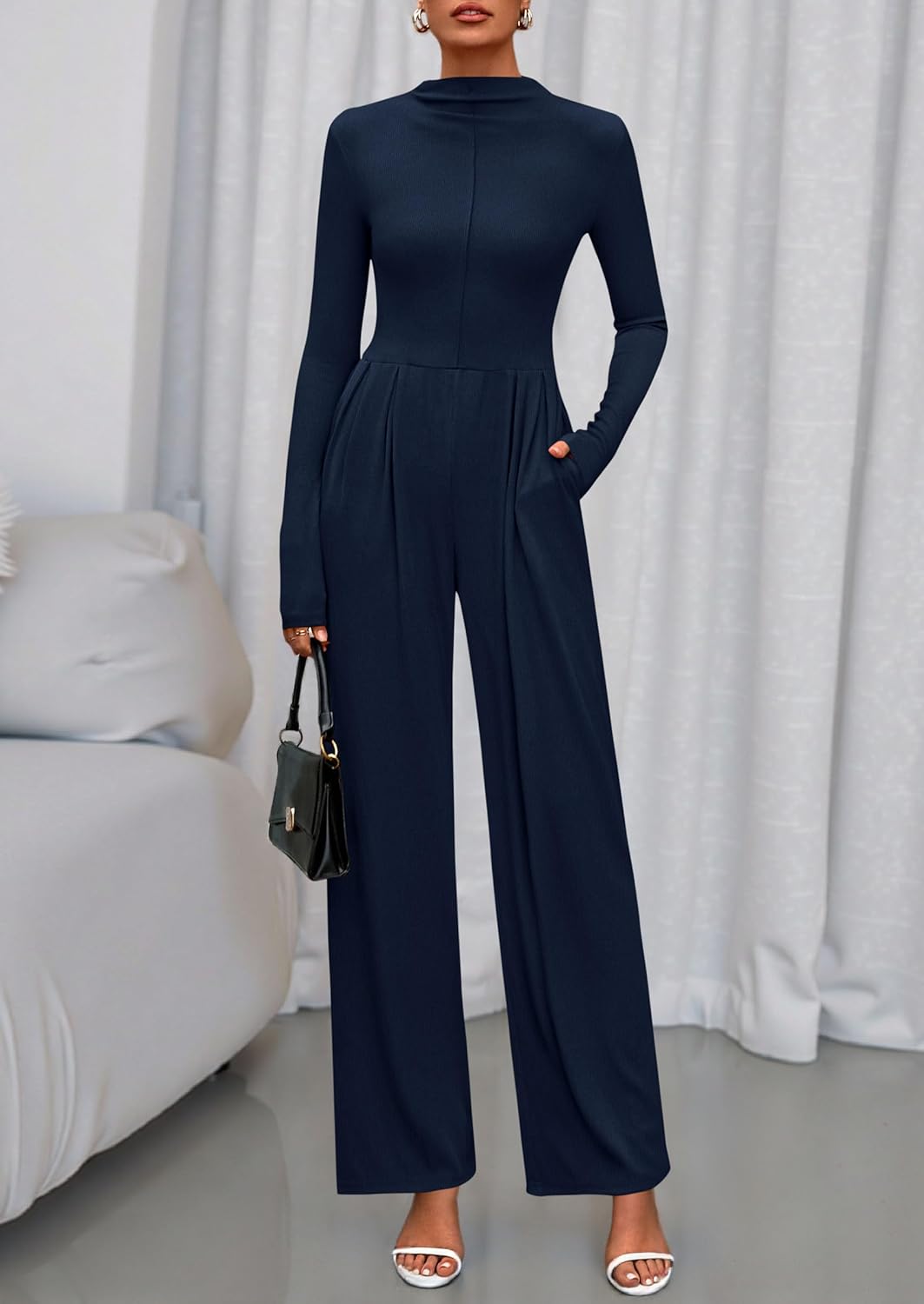 PRETTYGARDEN Long Sleeve Jumpsuit for Women 2026 Fall Date Night Rompers Dressy Casual One Piece Mock Neck Jumpsuits Pockets - Image 4