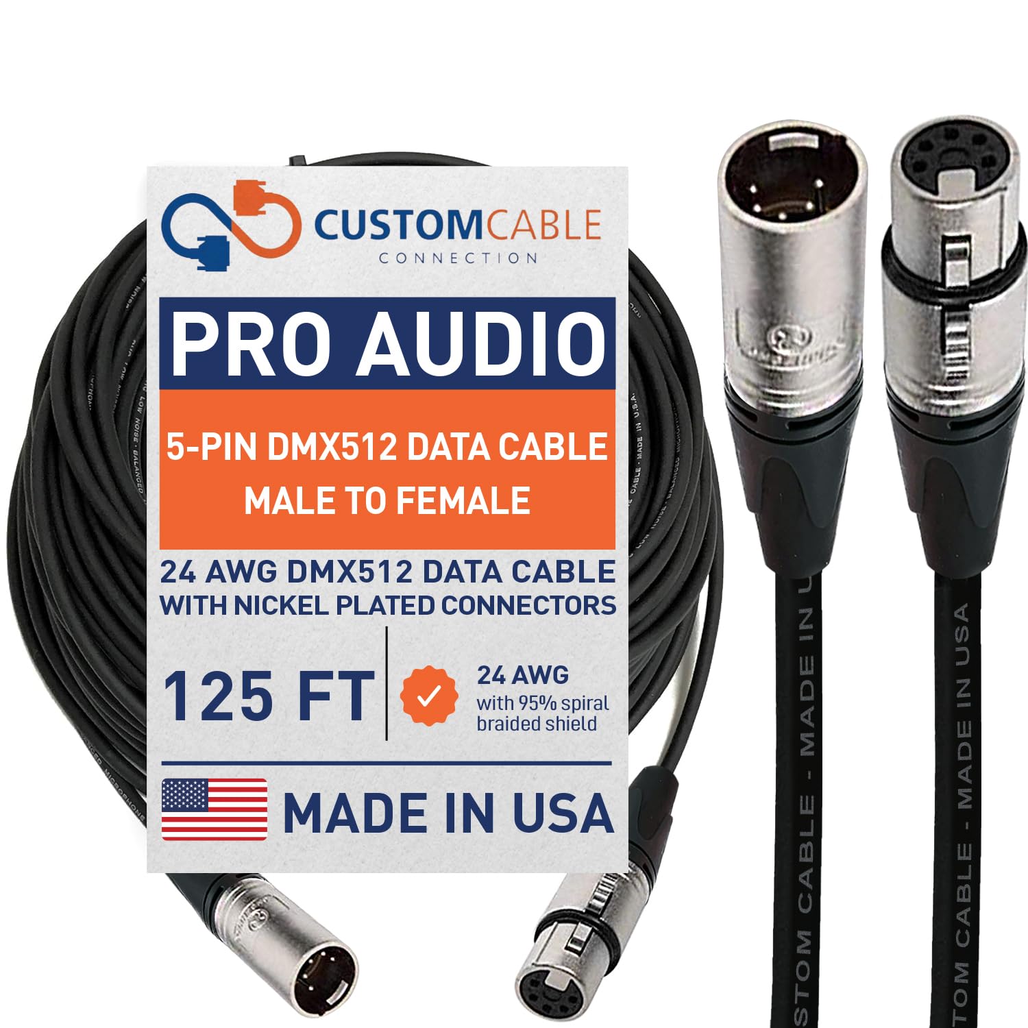 125 Foot 5-Pin XLR 24 AWG (Gauge) DMX512 Data Cable Male to Female for stage lighting, LED Uplights, DJ Lights and DMX512 Controller- made by Custom Cable Connection