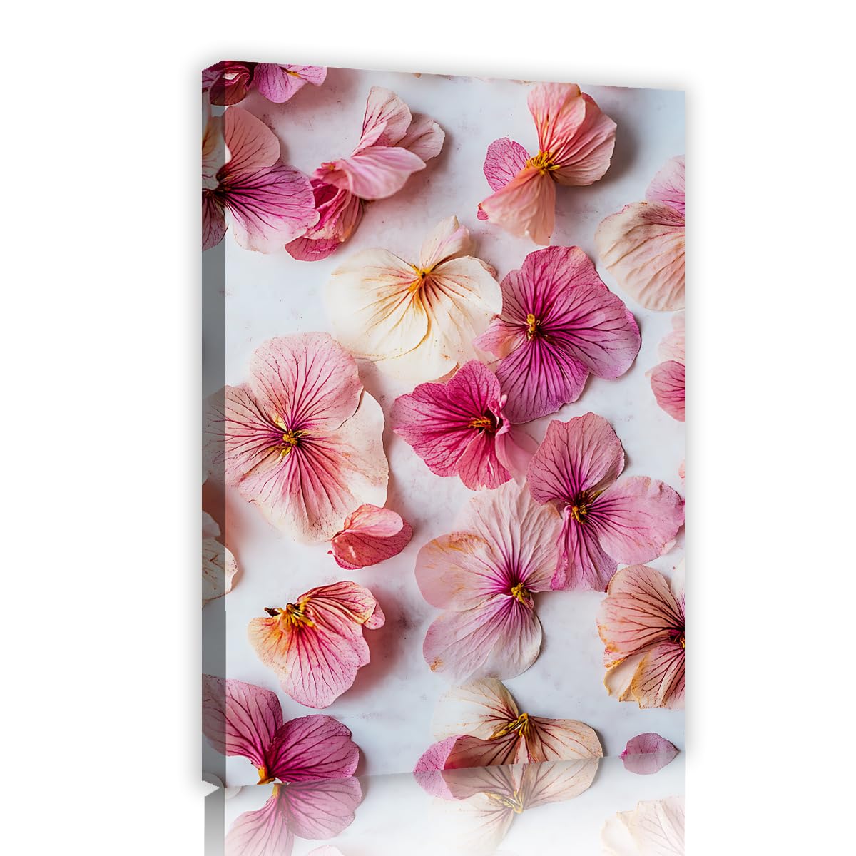 TOANGWALL Pink Geranium Canvas Wall Art Pastel Flower Petals White Marble Background Poster Prints Gentle Botanical Picture Framed Artwork for Office Lounge Hotel Decor 75x115cm