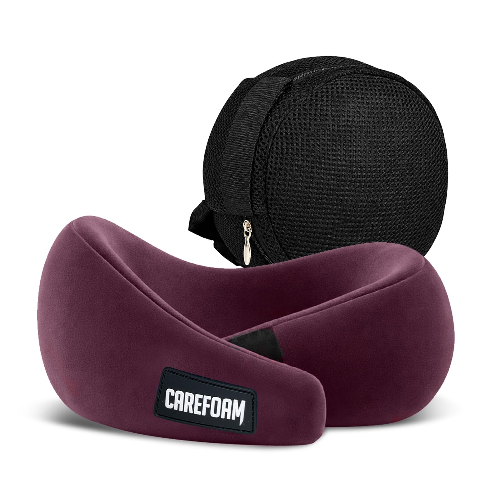 CareFoam Virgin Memory Foam Travel Neck Pillow for Airplane, Car & Train – Dual Height (5" & 4") 360° Neck Support with Adjustable Velcro Fastening & Ultra-Soft Velvet Cover