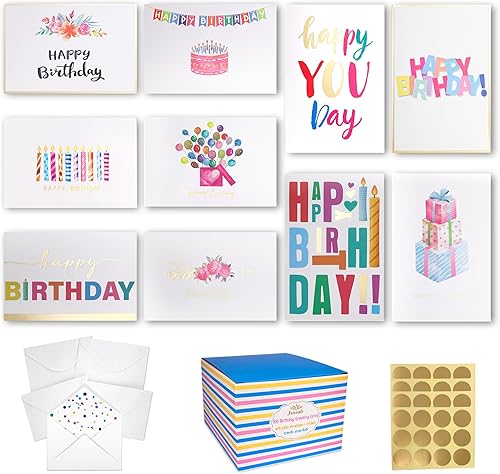 Miniatura 6 de Paquete de 100 tarjetas de cumpleaños a granel, tarjetas de cumpleaños únicas de lámina dorada con sobres y calcomanías, tarjetas de feliz