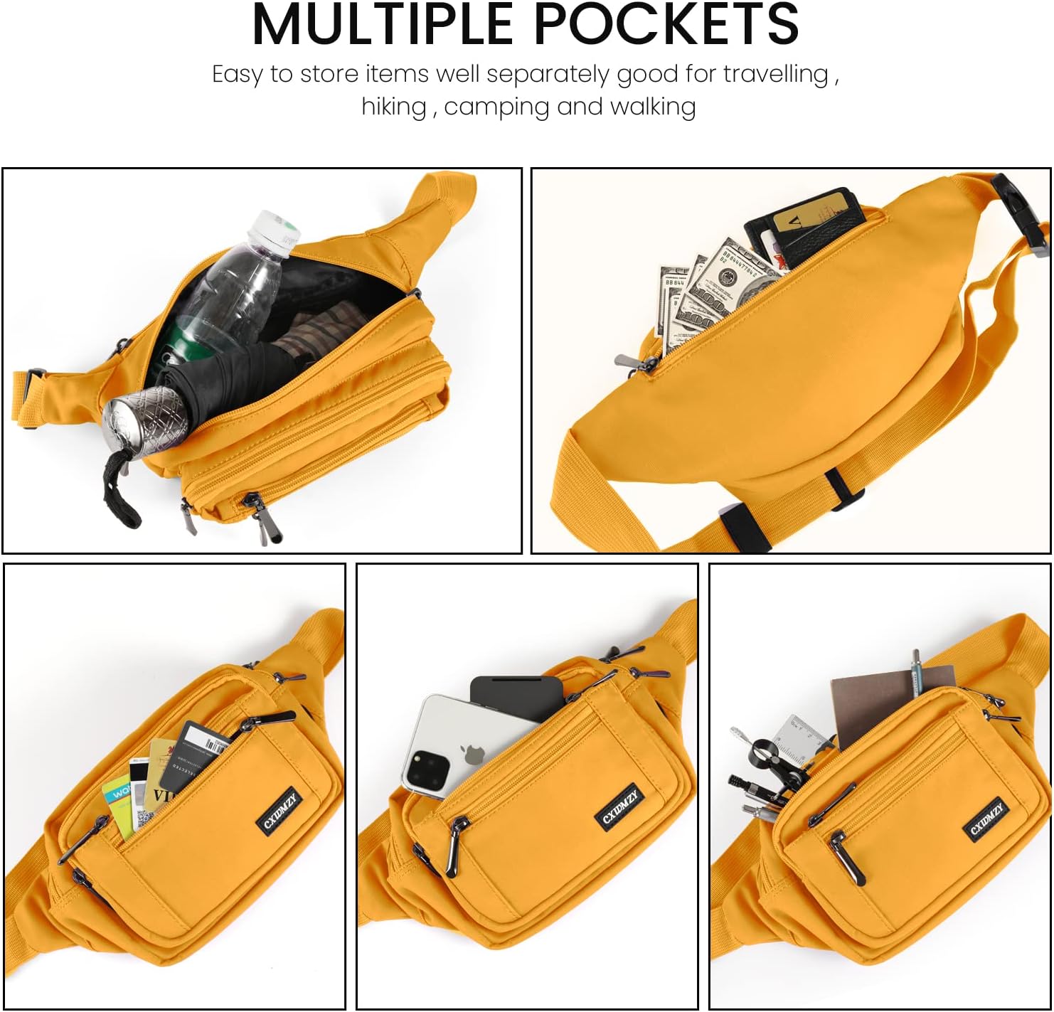 CXWMZY Fanny Packs For Women & Men Waist Pack Hip Bum Bag with Multi-Pockets Large Capacity Waterproof Casual Bum Bag for Disney Traveling Casual Cycling Running Hiking (Yellow) - Image 3