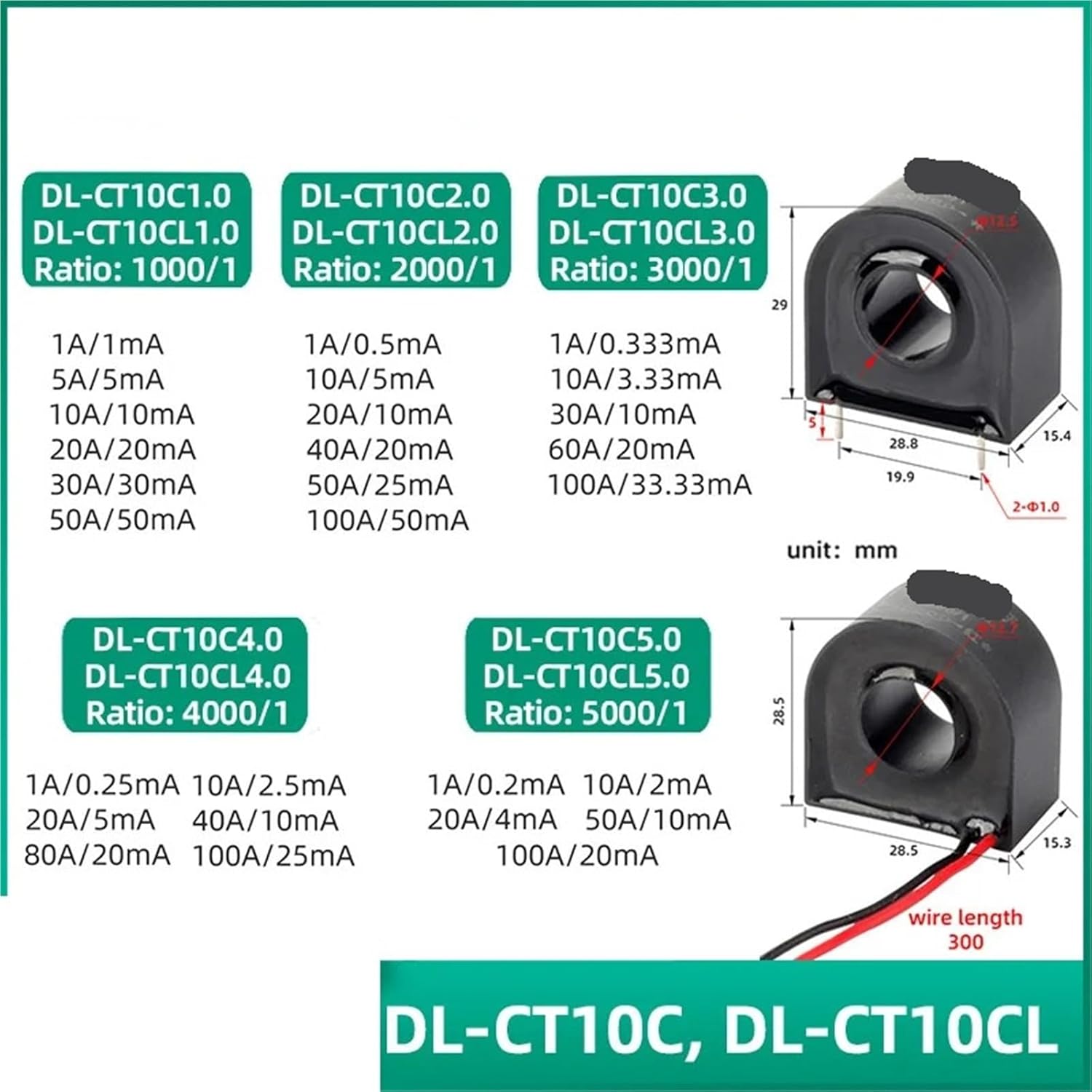 Mini Precision CT Current Transformer 0~125A DL-CT10CL 1000/1 2000/1 3000/1 4000/1 5000/1 Sensor AC 5A 10A 20A 30A 50A 100A 1Pcs(DL-CT10C 4000-1)