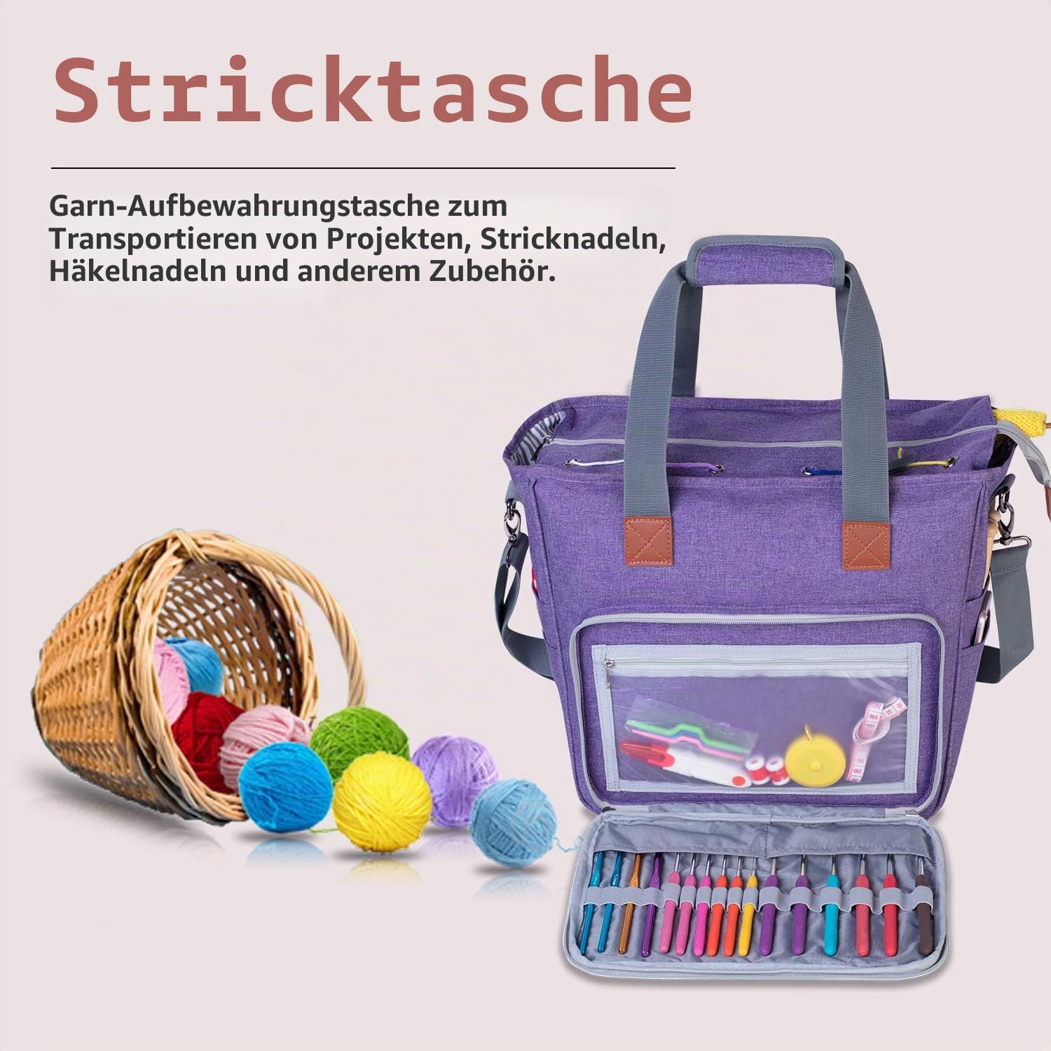 Luxja Stricktasche mit Schultergurt, Garn Tasche, Handarbeitstasche Aufbewahrung für Wolle, Projekte, Stricknadeln, Häkelnadeln und andere Zubehörs, Lila