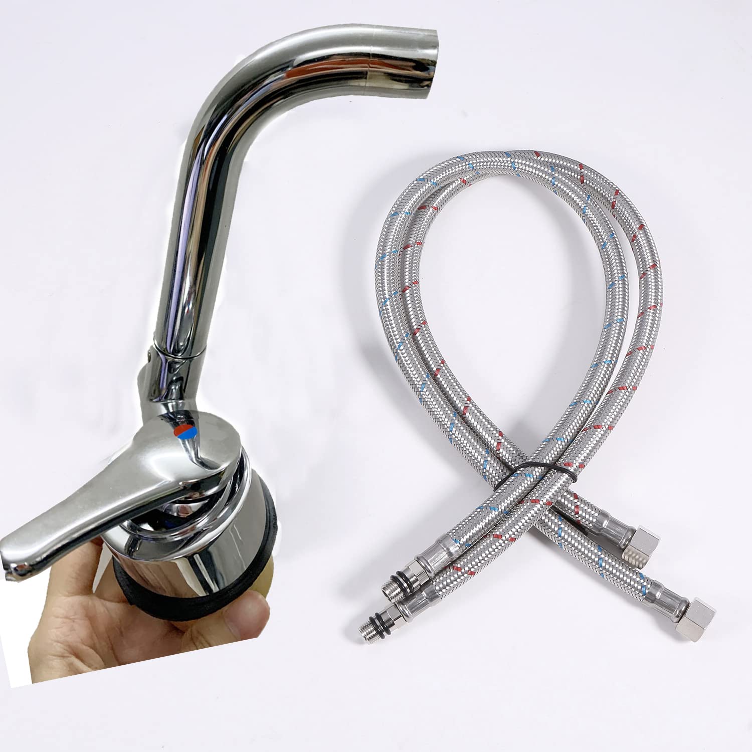 Grifo mezclador de 12 V para autocaravana, caño largo, moderno cromado + mangueras flexibles, grifo de agua fría para caravana, barco, caravana, caravana, marina