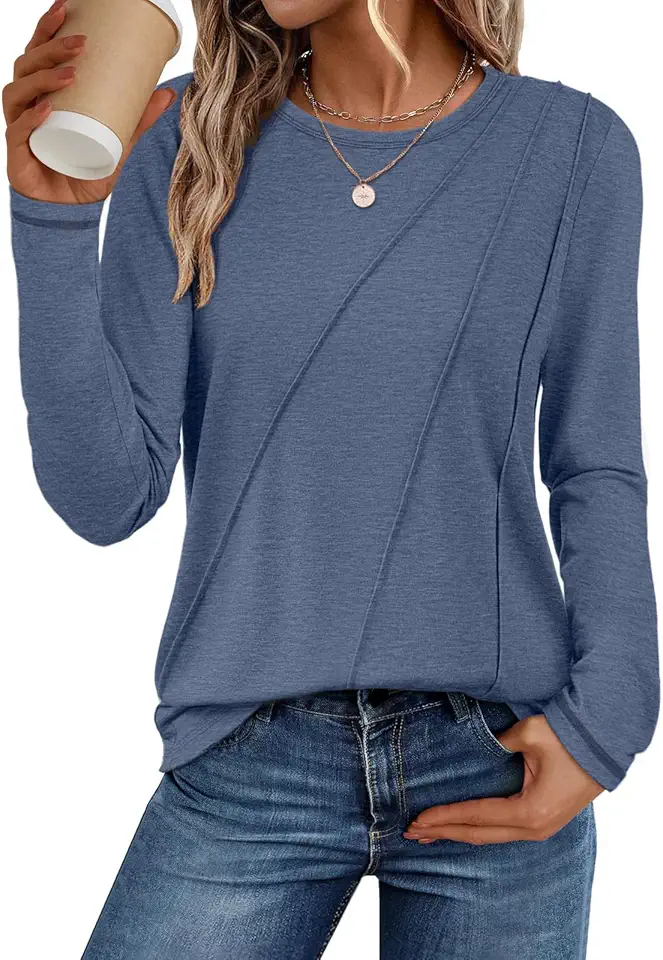 ATHMILE Womens Long Sleeve Shirts Pleated Crew Neck Casual Fall Fashion Tops Loose Fit Lightweight Girls Outfits Clothes